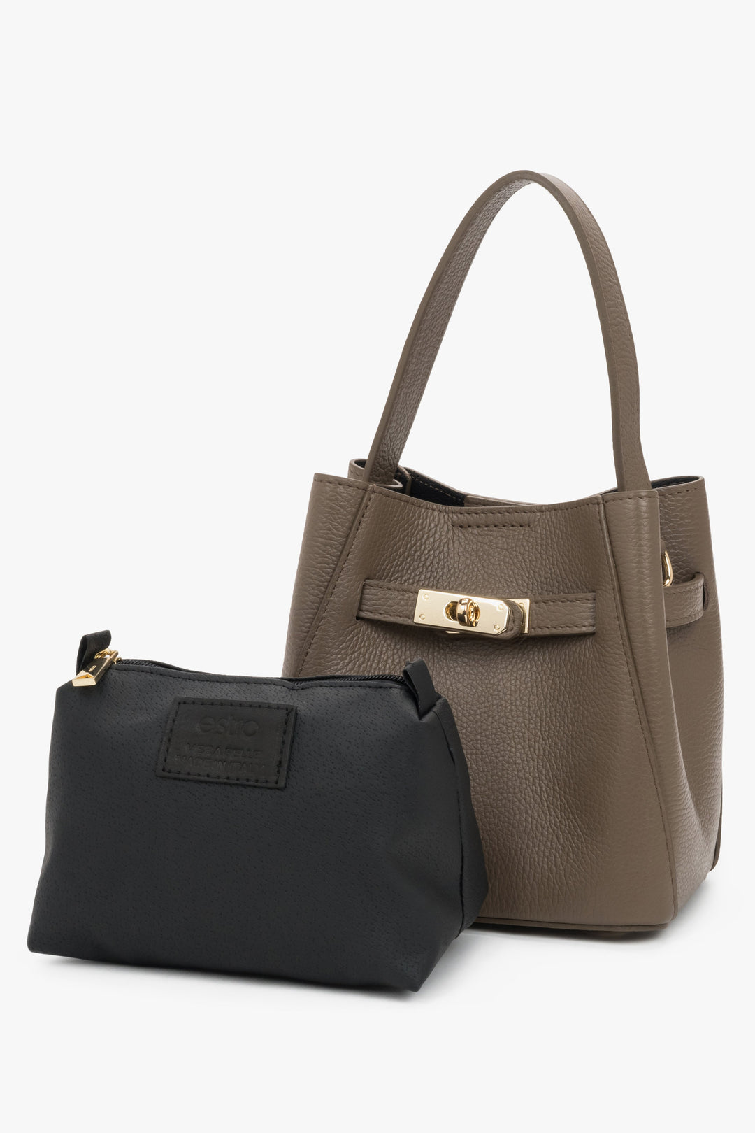 Ensemble aus edler taupefarbenen Premium-Henkeltasche und dazu passender dunkler Kosmetiktasche 