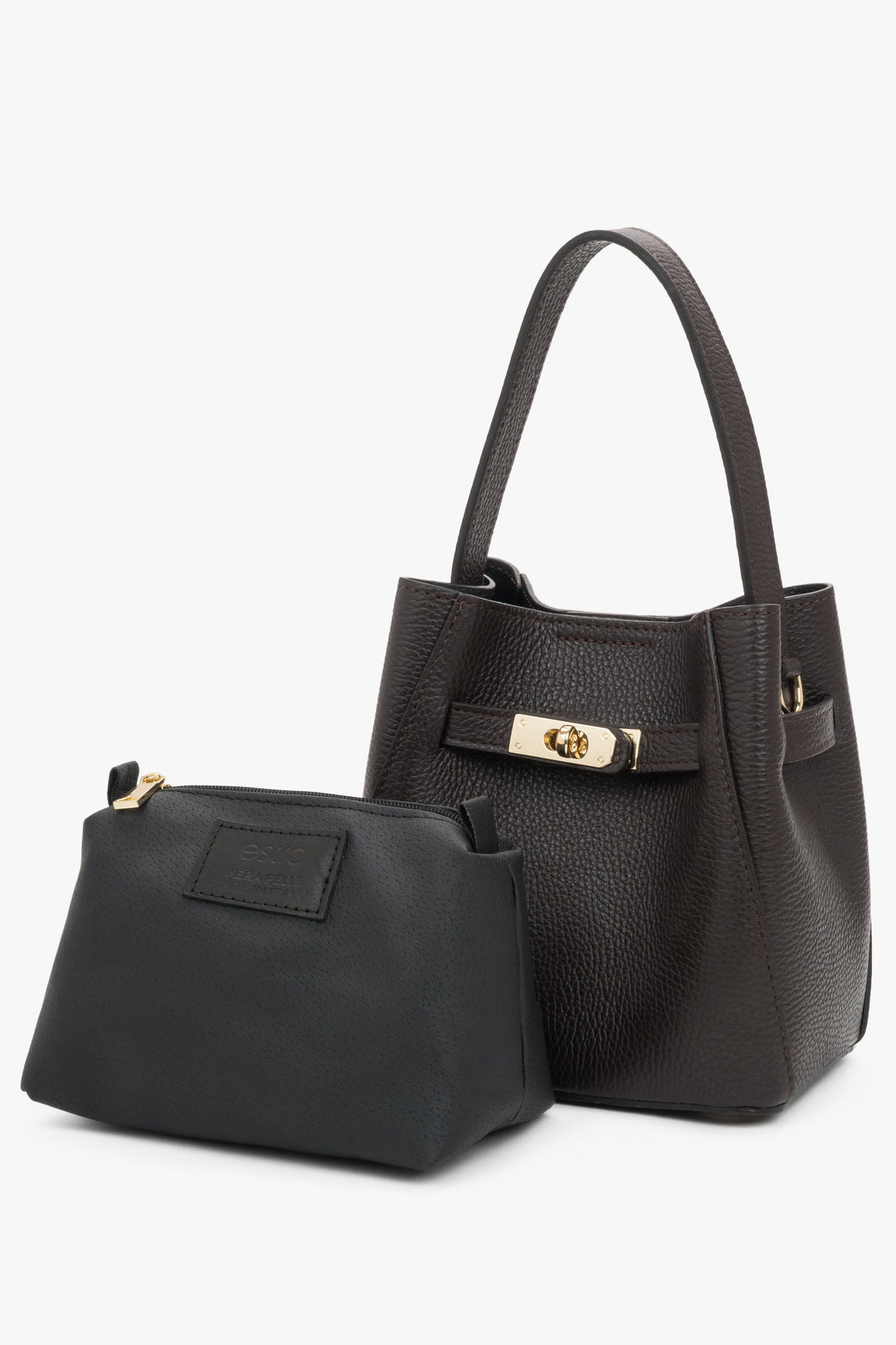 Ensemble aus edler dunkelbrauner Premium-Henkeltasche und dazu passender dunkler Kosmetiktasche 