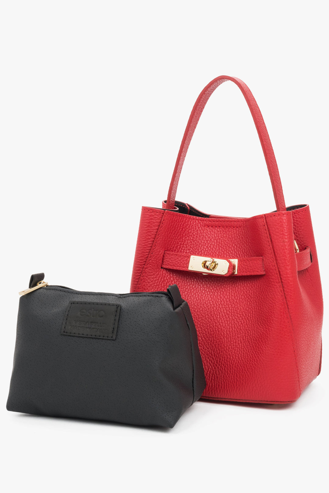 Ensemble aus leuchtend roter Premium-Henkeltasche und passender dunkler Kosmetiktasche