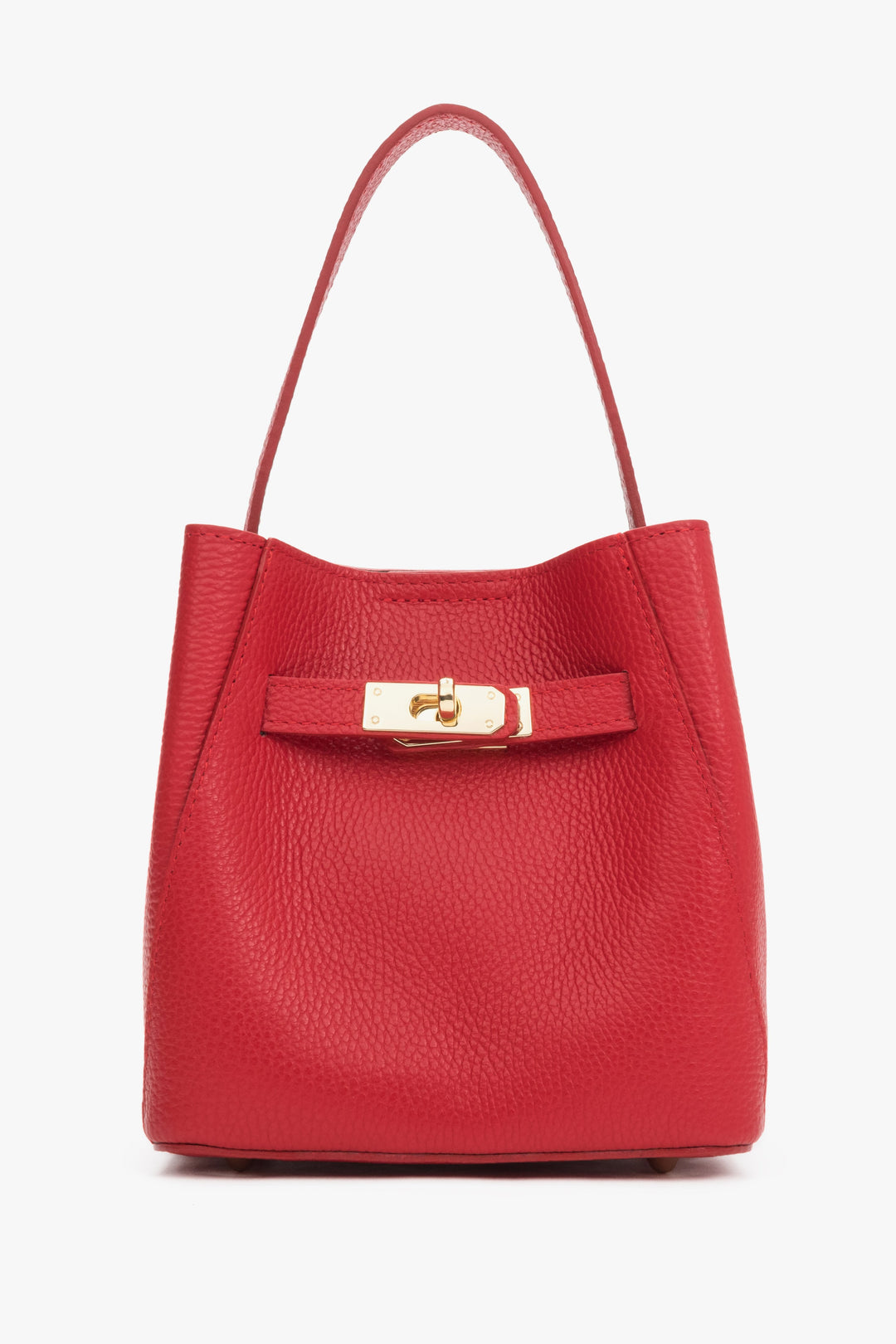 Klassische Frontansicht der kompakten roten Leder-Henkeltasche mit aufgestelltem Tragehenkel und elegantem goldenem Drehverschluss