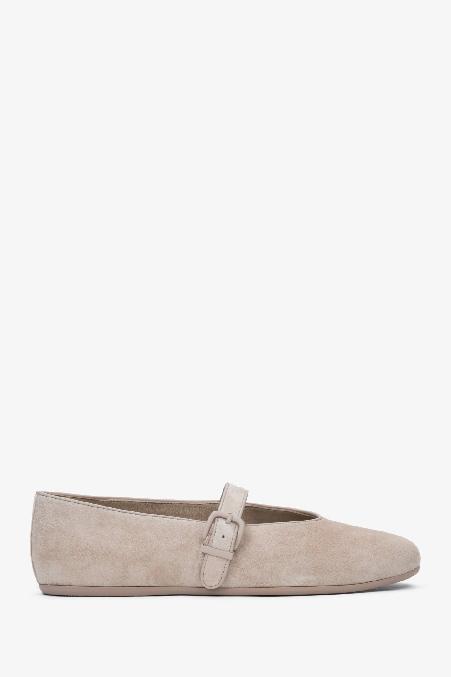 Hellbeige Damen-Ballerinas aus weichem Echtvelours mit Schnalle Estro ER00116949.