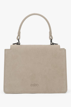 Hellbeige Damen-Mini-Henkeltasche aus Velours Rückansicht.