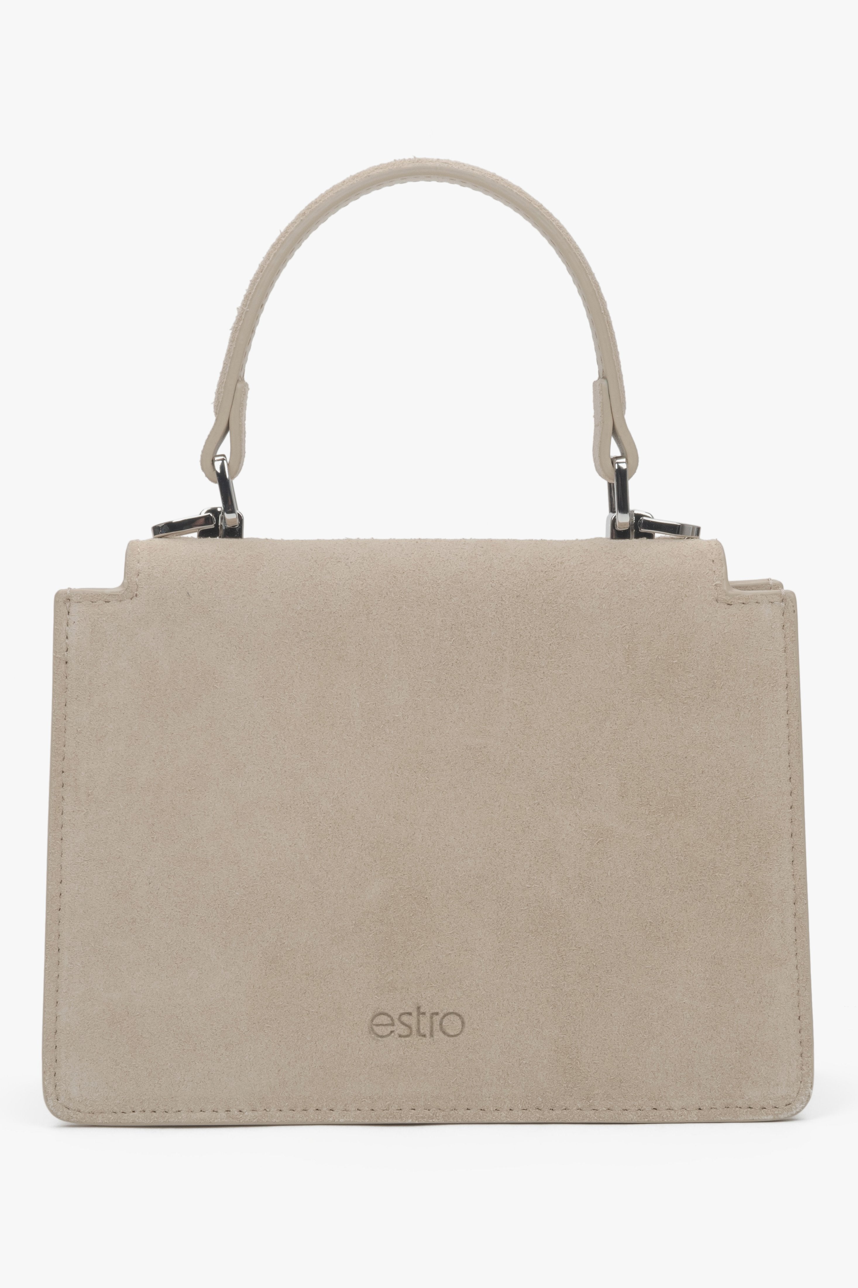 Hellbeige Damen-Mini-Henkeltasche aus Velours Rückansicht.