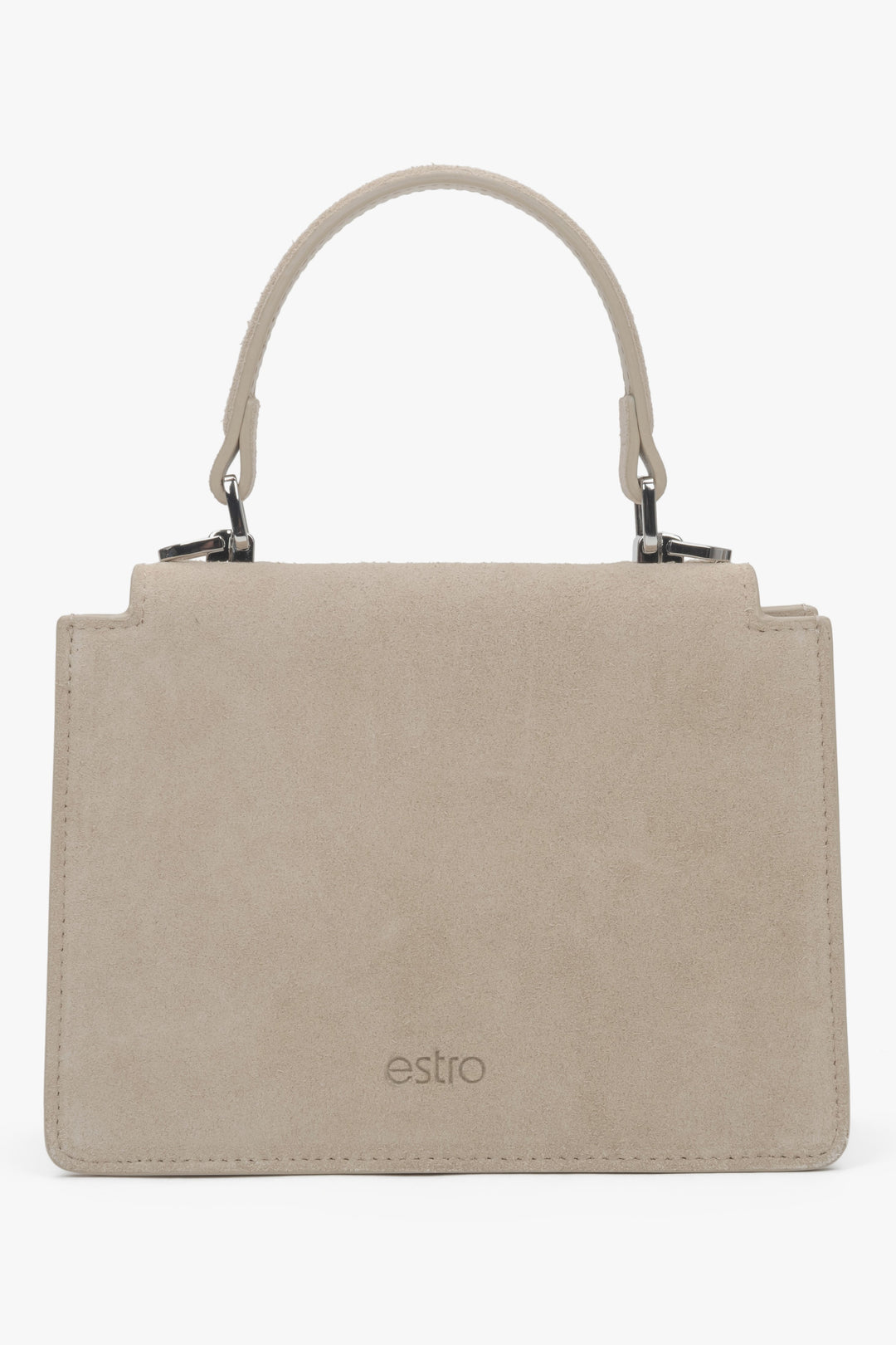 Hellbeige Damen-Mini-Henkeltasche aus Velours Rückansicht.