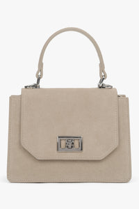 Hellbeige Damen-Mini-Henkeltasche aus Velours Vorderansicht.