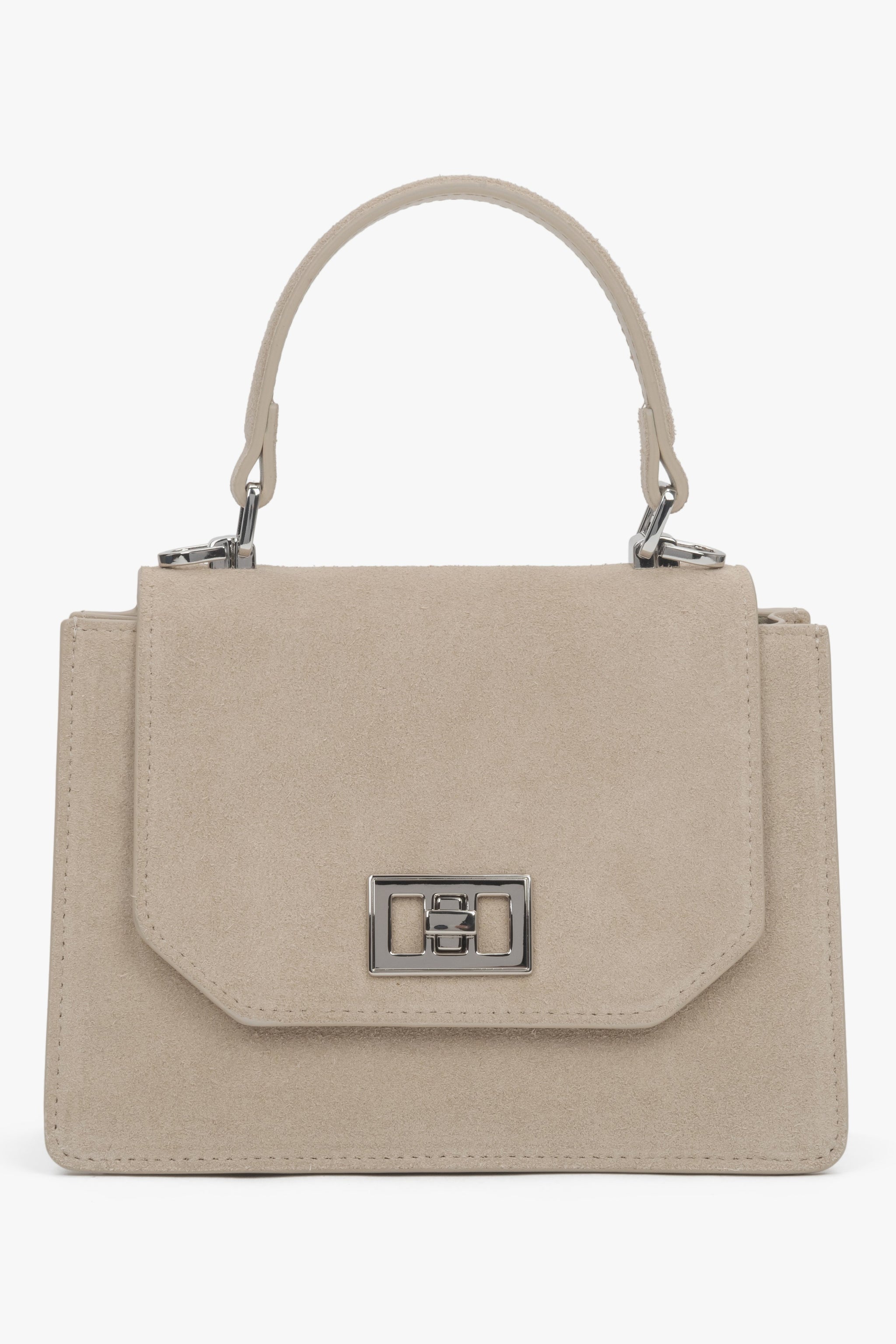 Hellbeige Damen-Mini-Henkeltasche aus Velours Vorderansicht.