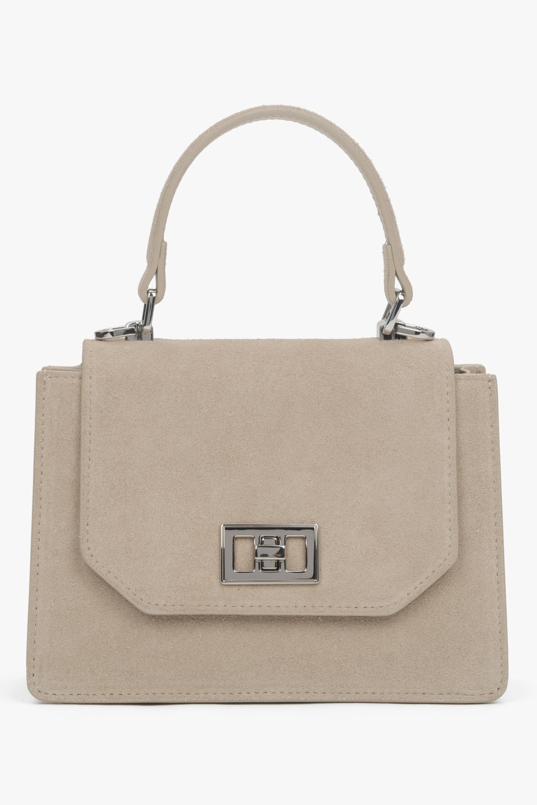 Hellbeige Damen-Mini-Henkeltasche aus Velours Vorderansicht.