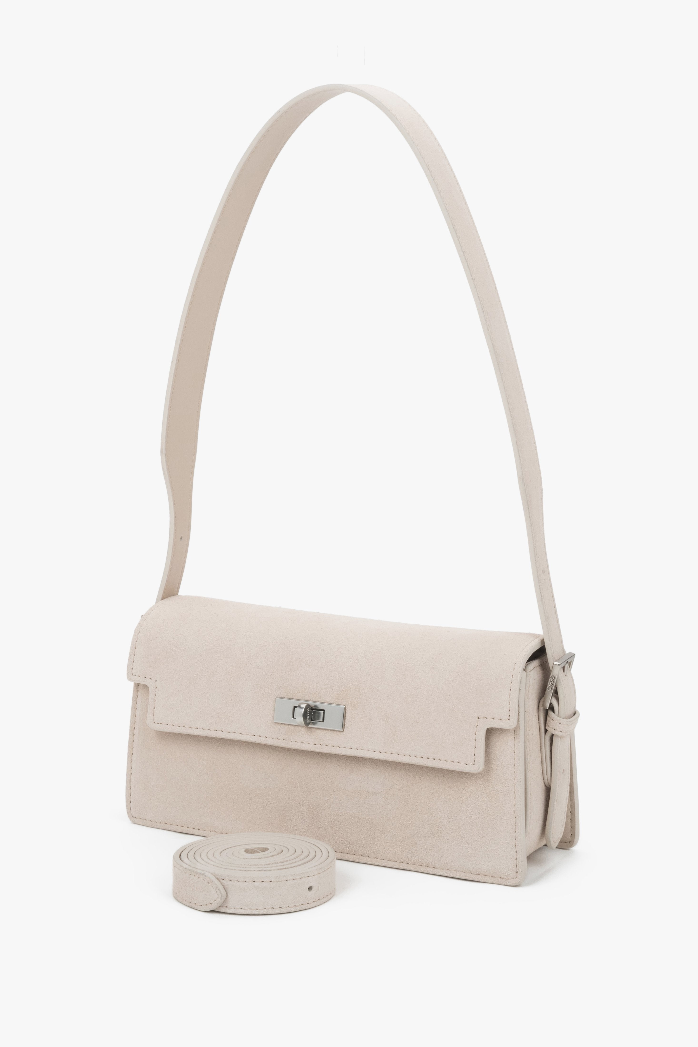 Elegante Velours-Handtasche in Hellbeige schräge Ansicht