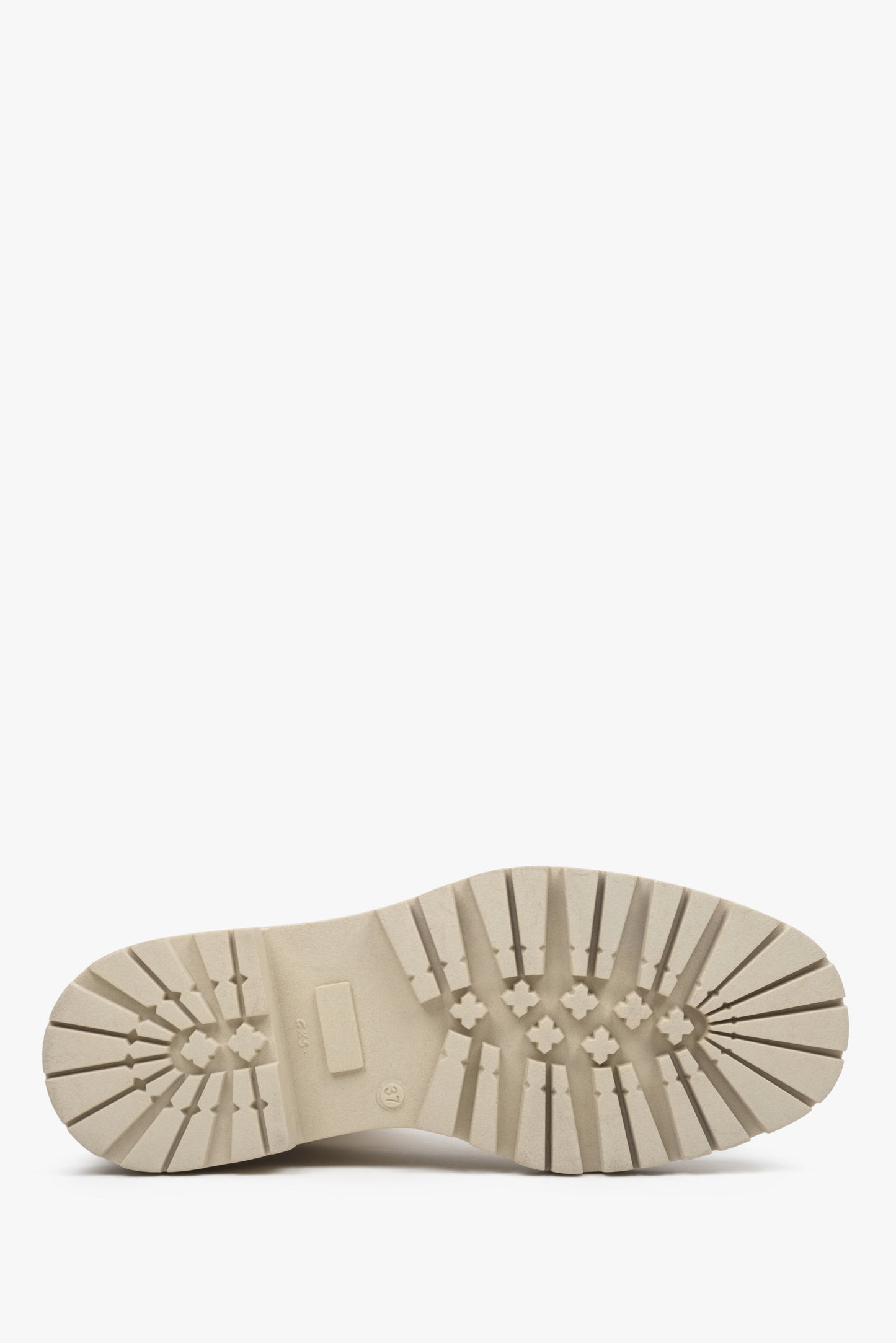 Hellbeige Lederschuhe mit elastischem Schaft von Estro – Nahaufnahme der Sohle.
