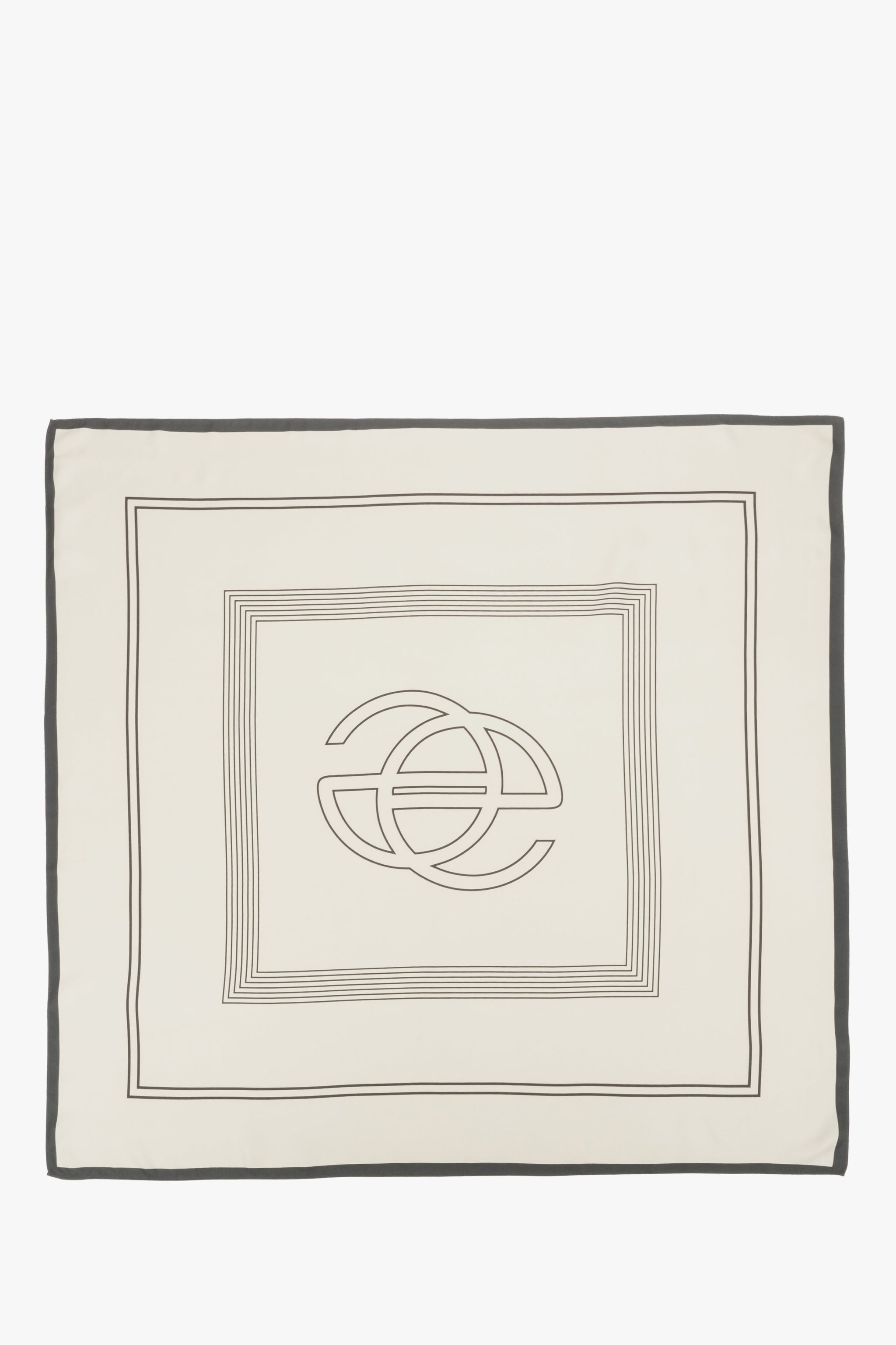 Flache Ansicht des quadratischen hellbeigen Tuchs mit schwarzen Konturlinien und zentralem Estro-Logo 