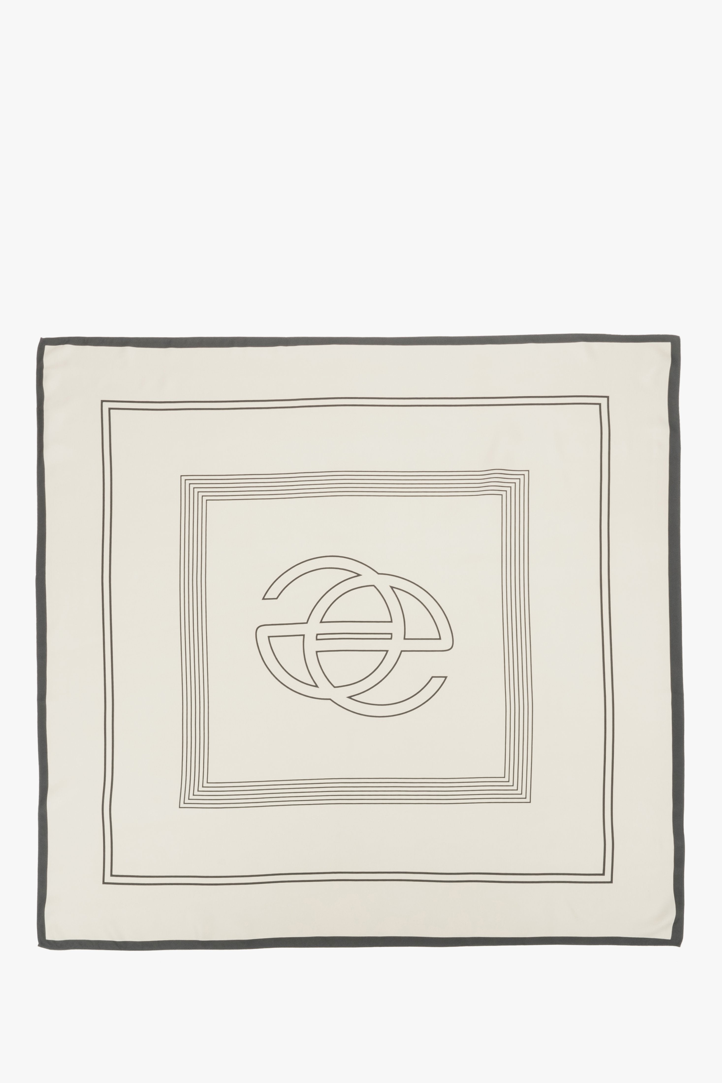 Flache Ansicht des quadratischen hellbeigen Tuchs mit schwarzen Konturlinien und zentralem Estro-Logo 