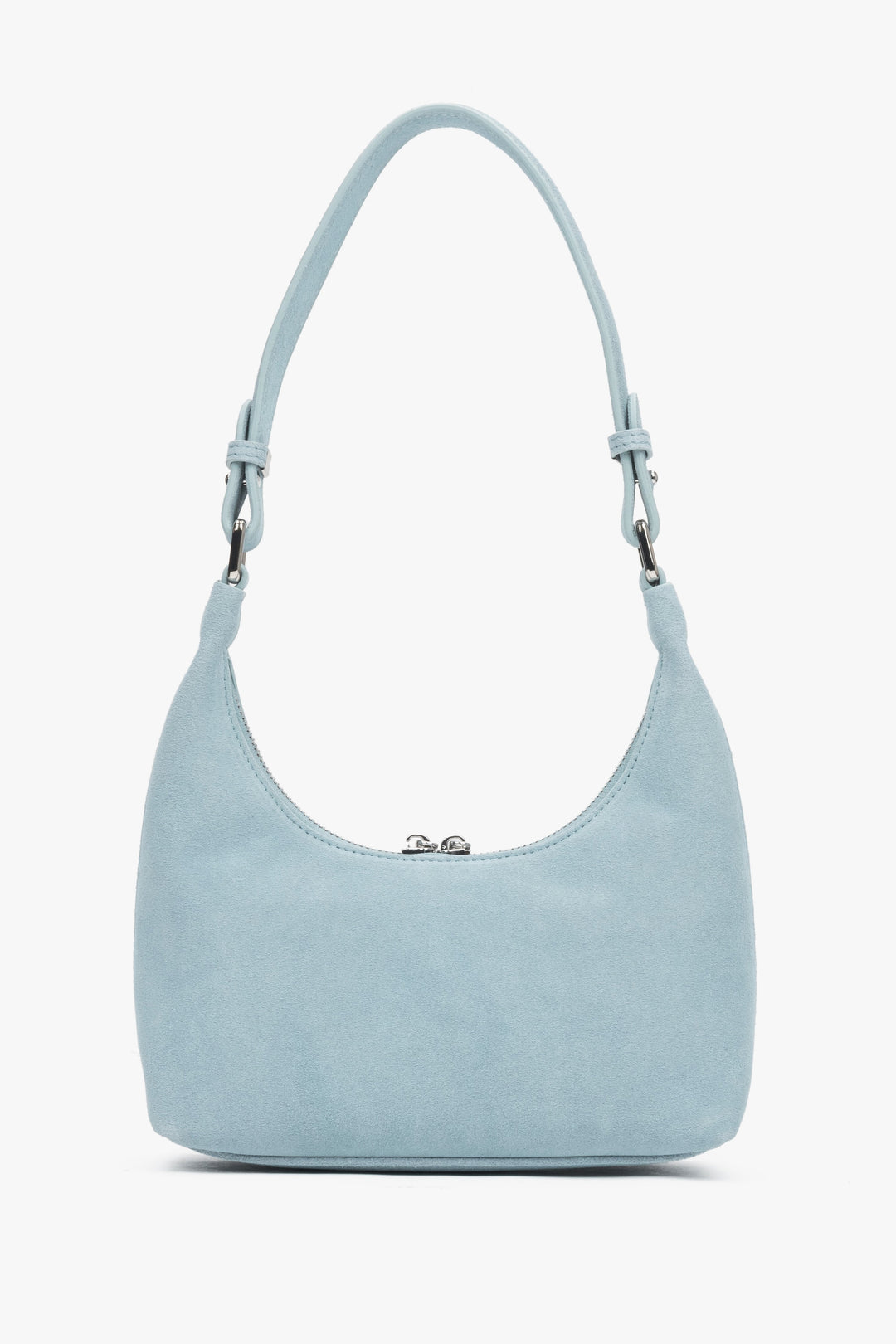 Rückansicht der kompakten hellblauen Schultertasche für Damen.