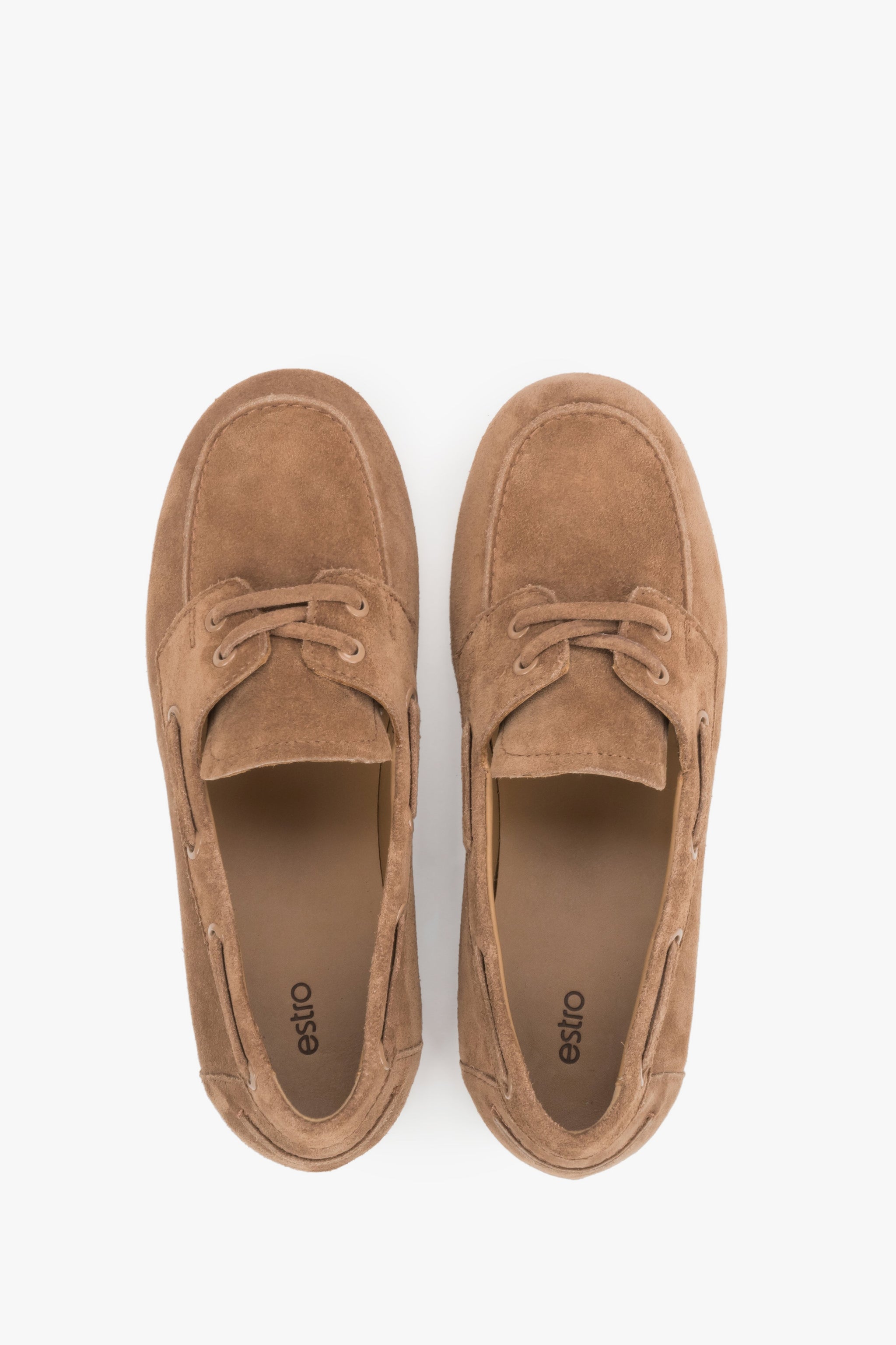 Hellbraune Damen-Loafer aus Veloursleder von oben als Paar