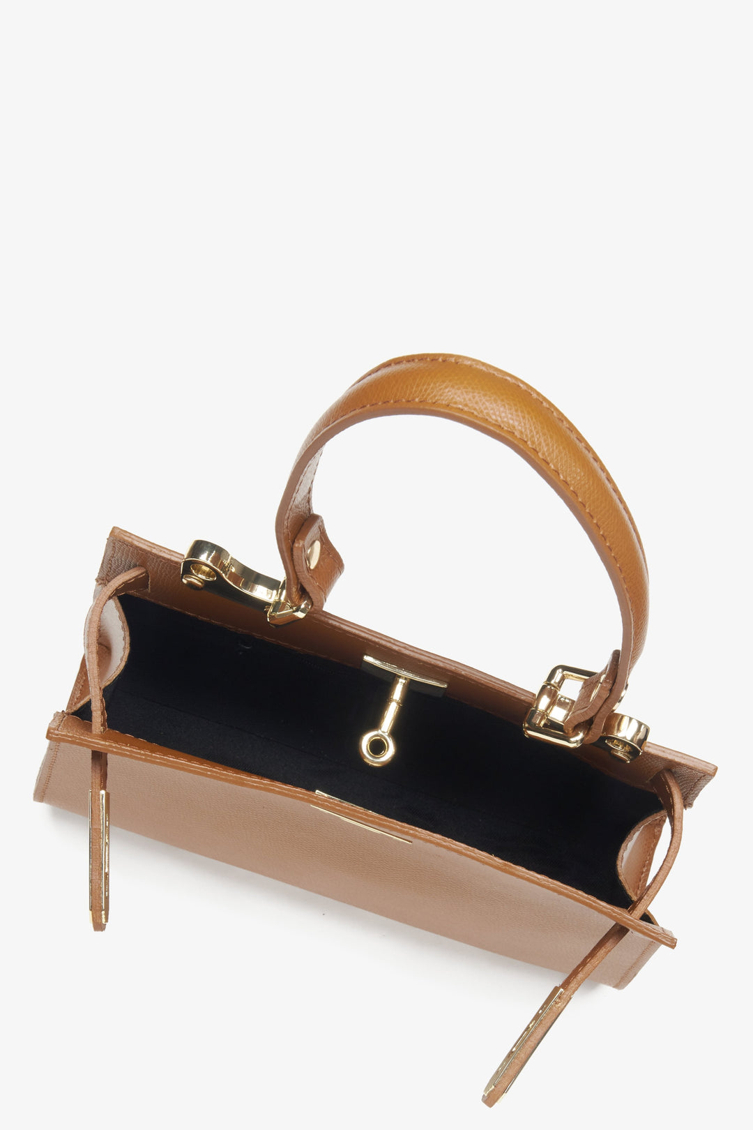 Diese elegante Satchel-Handtasche in Hellbraun von Estro ist aus hochwertigem italienischem Echtleder gefertigt – Nahaufnahme des Hauptfachs.