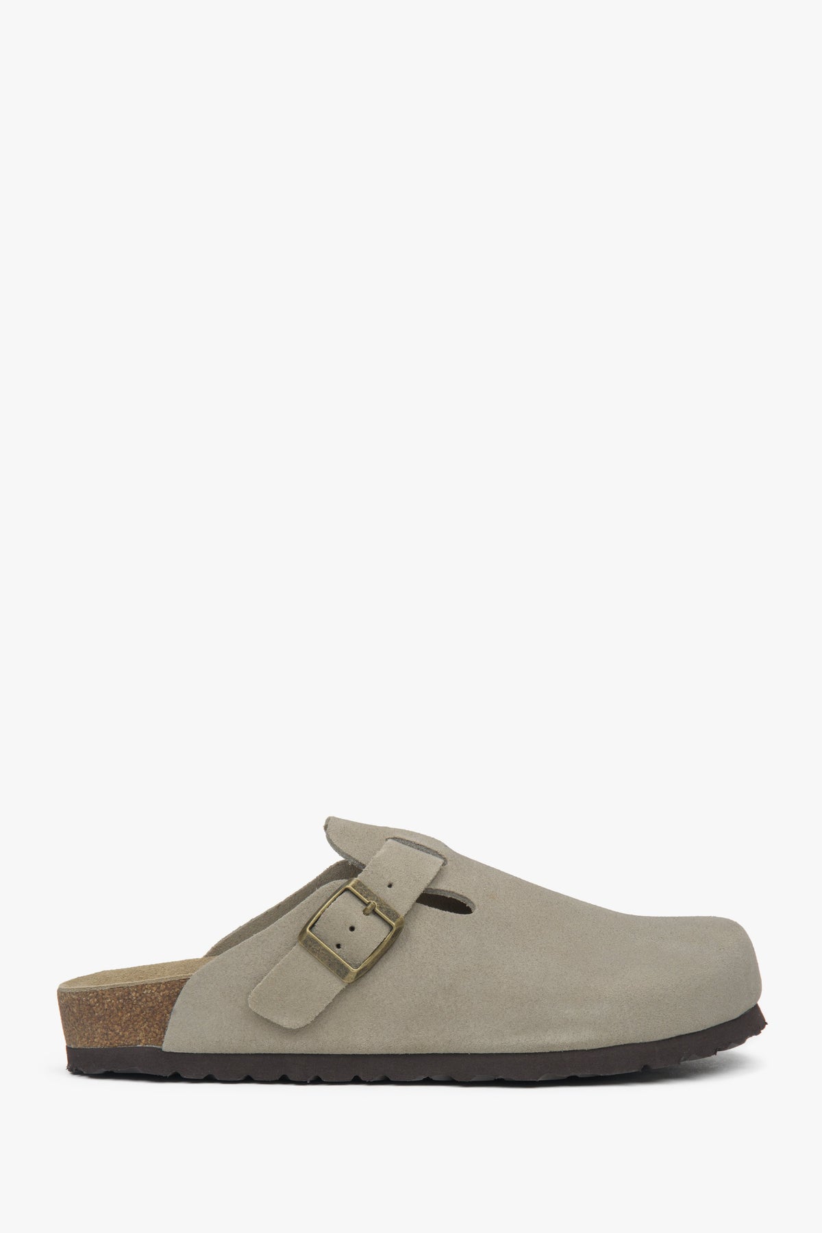 Profilansicht der hellgrauen Damen-Mules im Clog-Stil aus weichem Naturvelours.