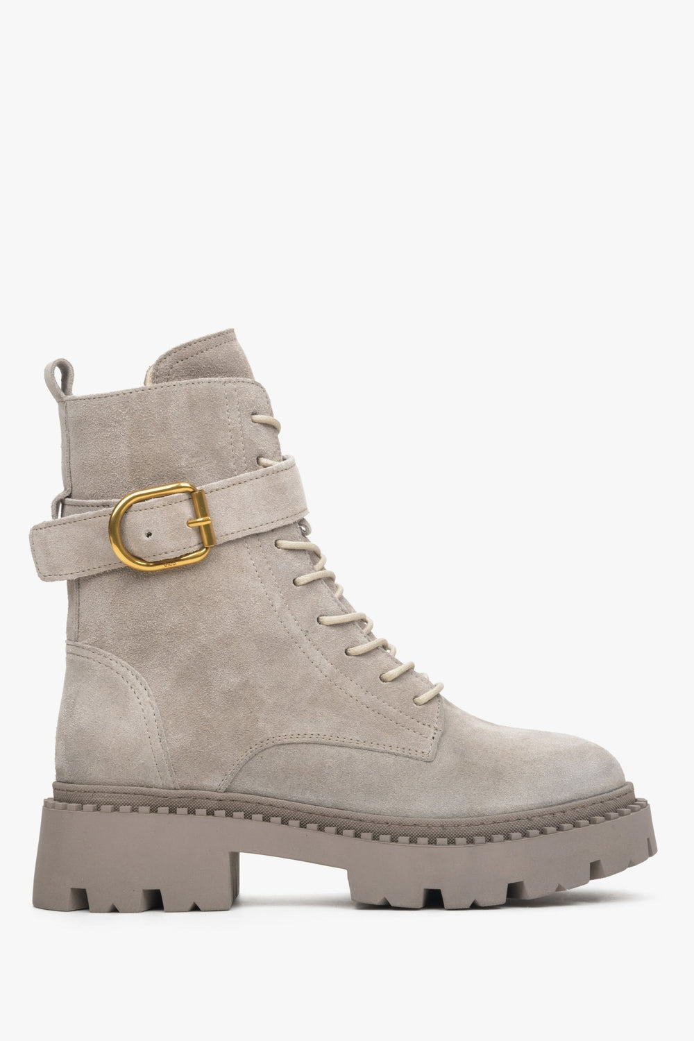 Damen-Winterstiefeletten von Estro, hoch geschnitten, aus echtem grauem Veloursleder mit Schnalle.