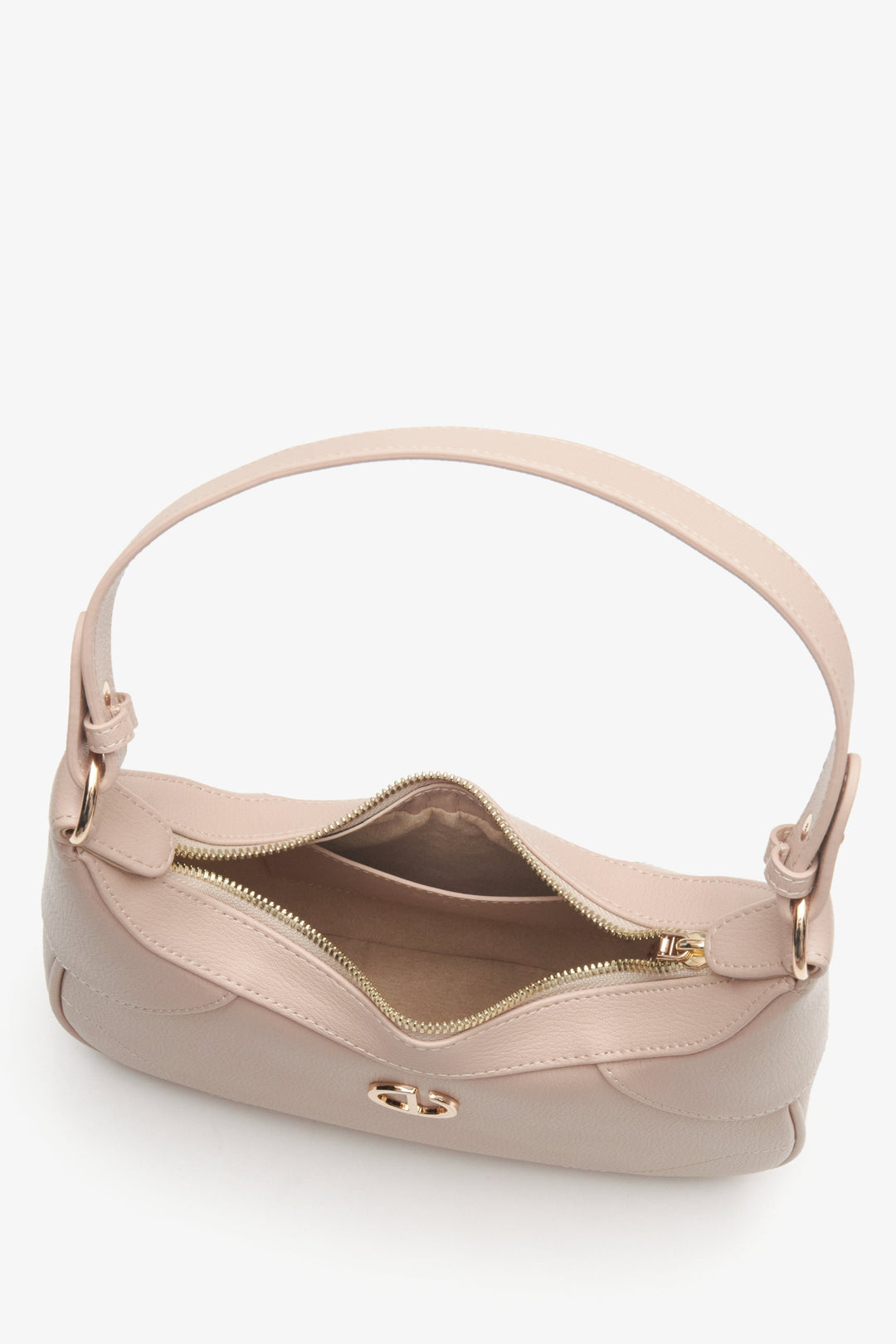 Elegante hellrosa Damenhandtasche – Nahaufnahme des Hauptfachs.