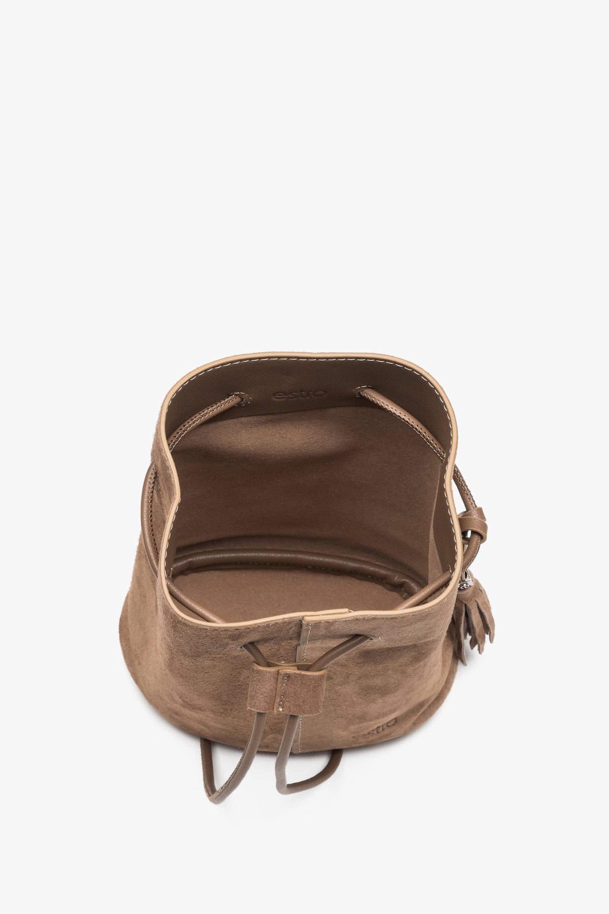 Innenansicht kleiner beiger Damen-Beuteltasche mit Kordelzug