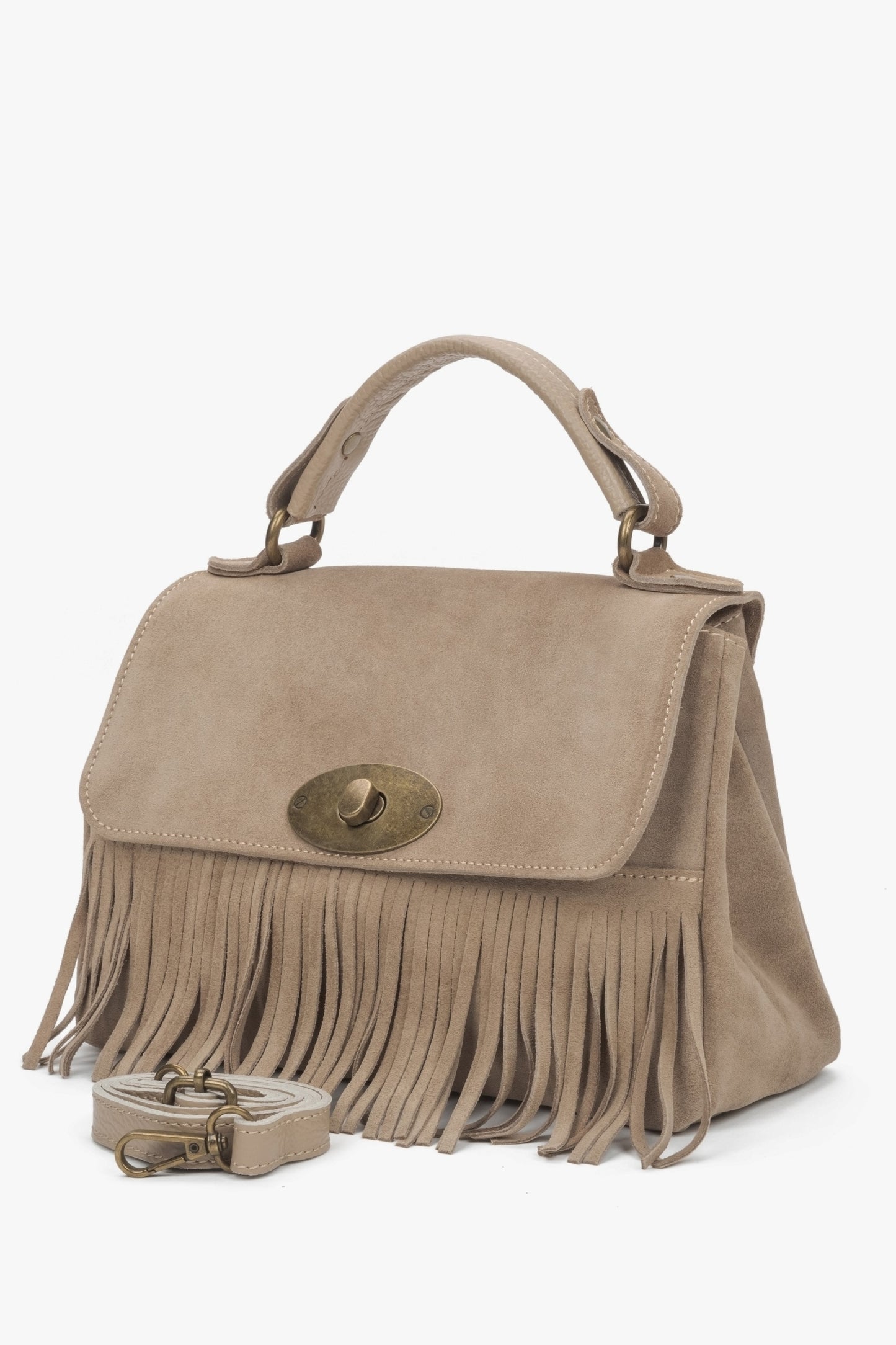 Kleine braune Damen-Handtasche von Estro aus echtem Velours mit Fransen.