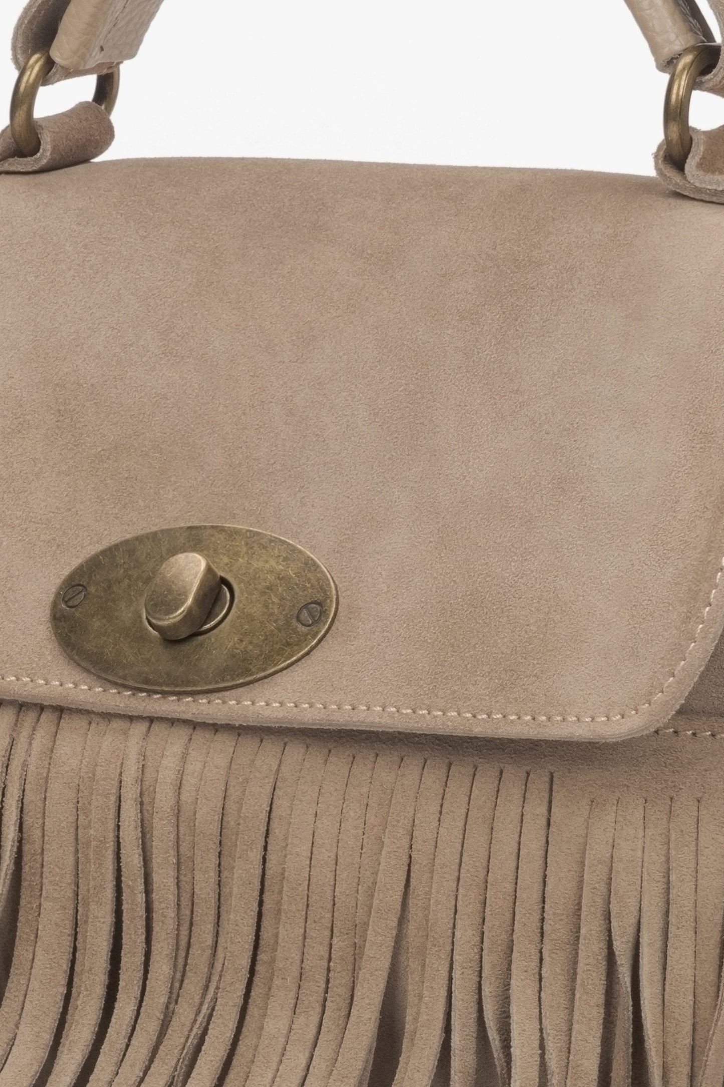 Braune Damenhandtasche aus italienischem Velours mit Fransen – Details.