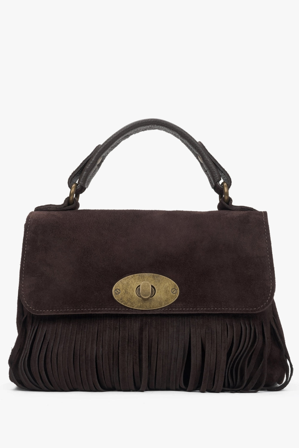 Kleine dunkelbraune Damen-Handtasche aus edlem italienischem Velours mit Fransen Estro ER00117426.
