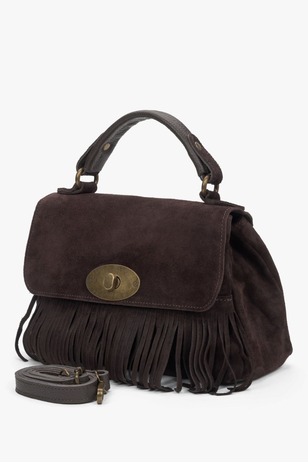 Kleine dunkelbraune Damen-Handtasche aus edlem italienischem Velours mit Fransen Estro ER00117426