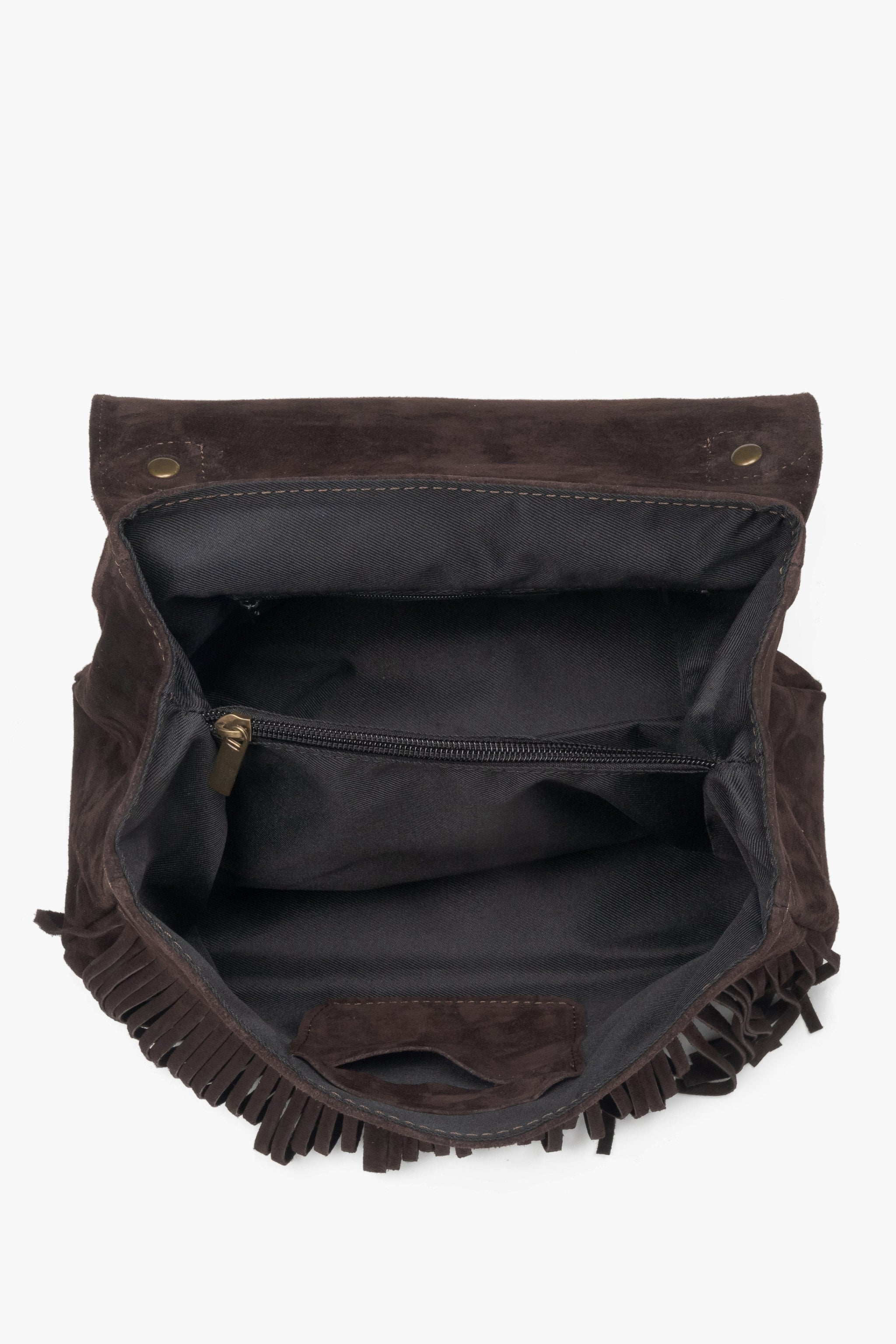Kleine dunkelbraune Damen-Handtasche aus edlem italienischem Velours mit Fransen Estro.