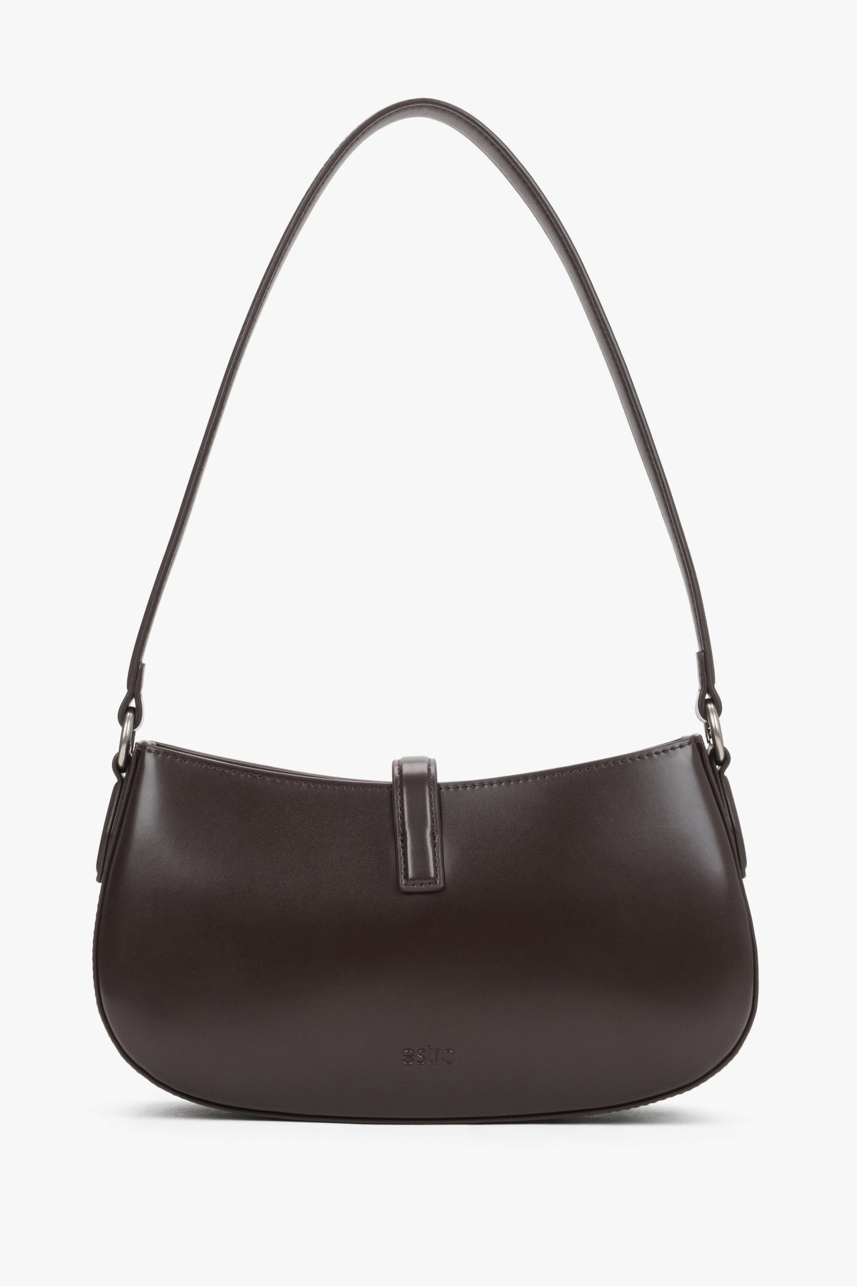 Rückansicht der minimalistischen dunkelbraunen Schultertasche mit sanft gerundeter Basis