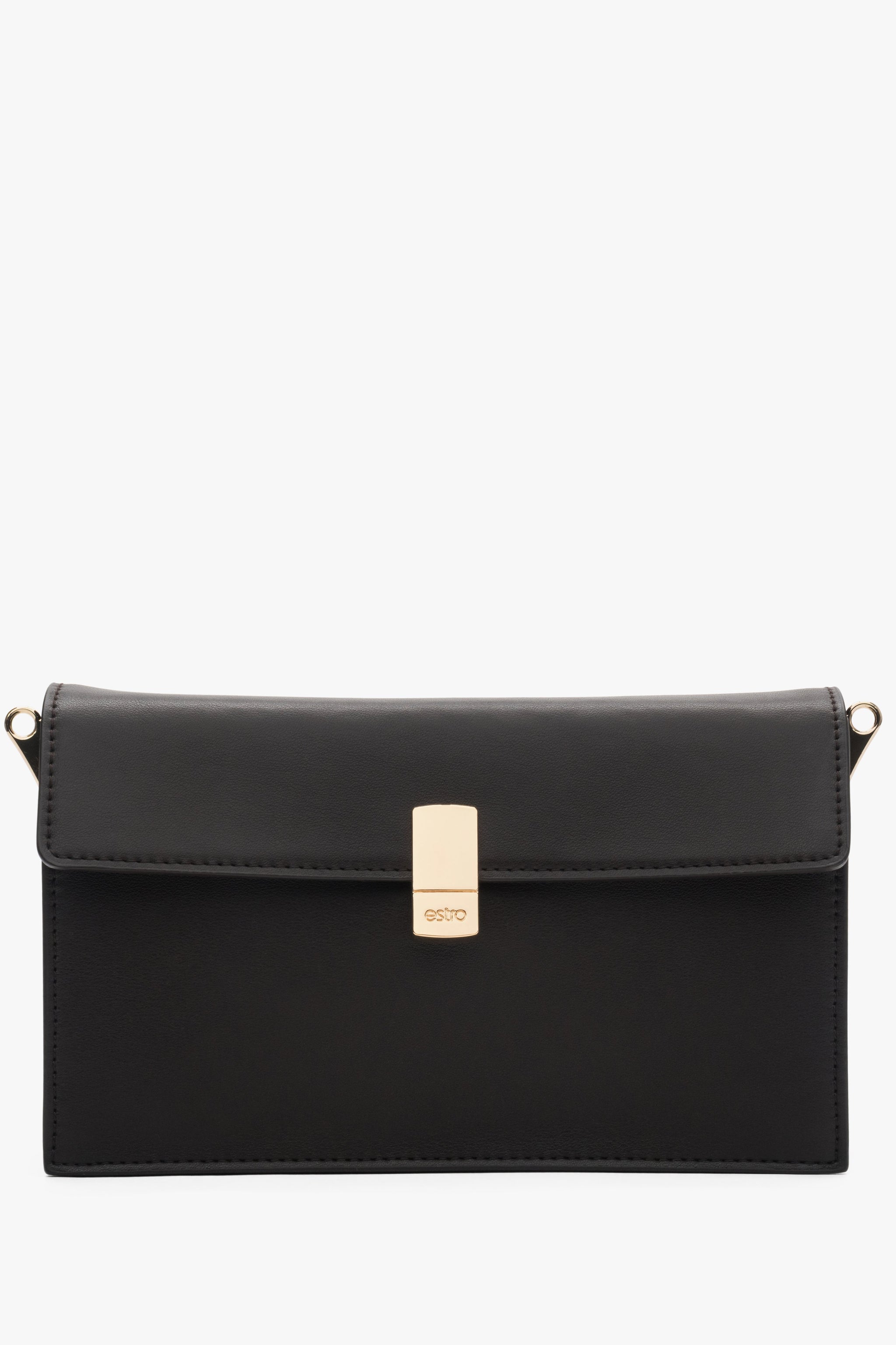 Frontalansicht der kleinen dunkelbraunen Echtledertasche mit elegantem goldenem Verschluss.