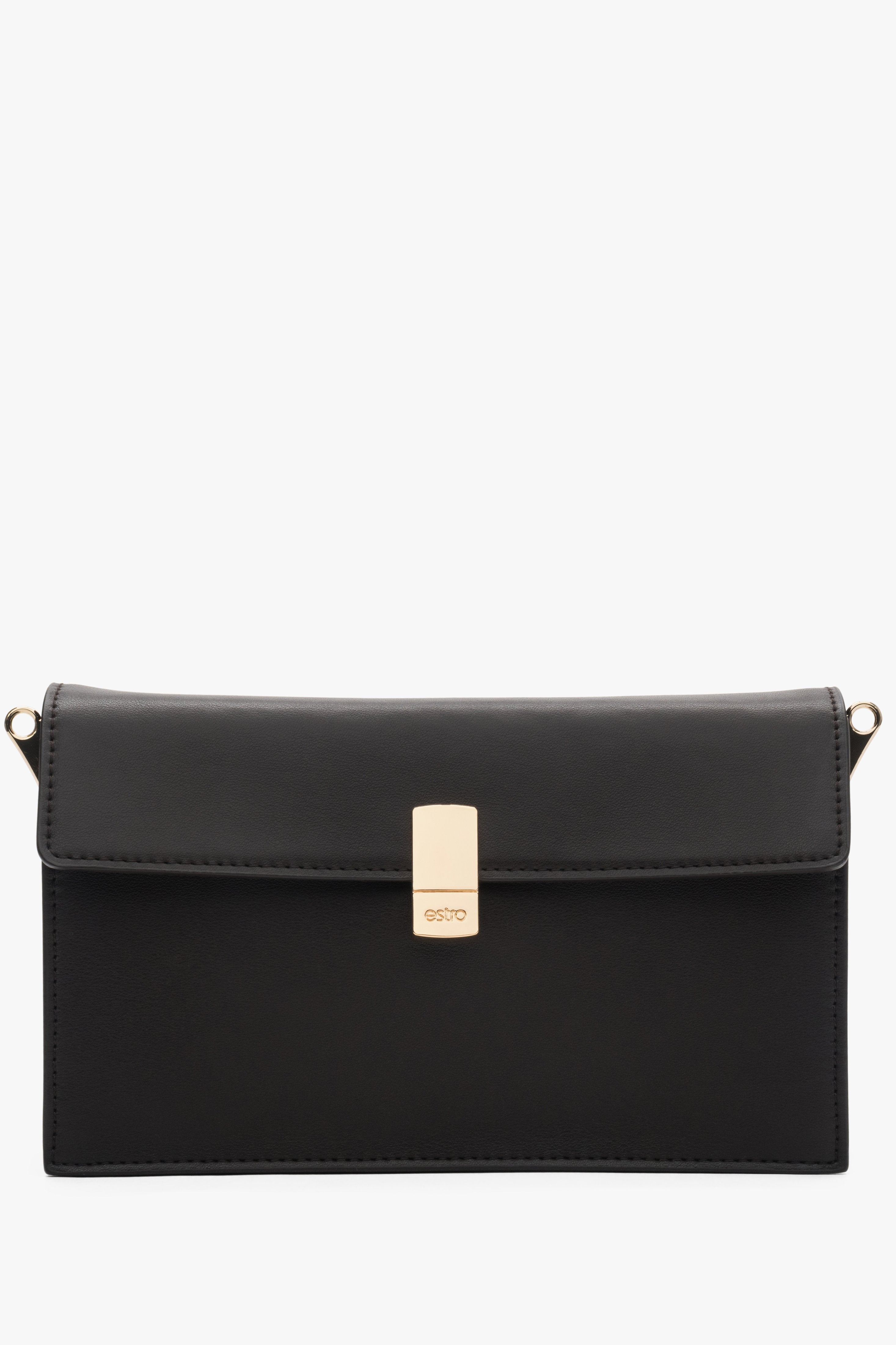 Frontalansicht der kleinen dunkelbraunen Echtledertasche mit elegantem goldenem Verschluss.