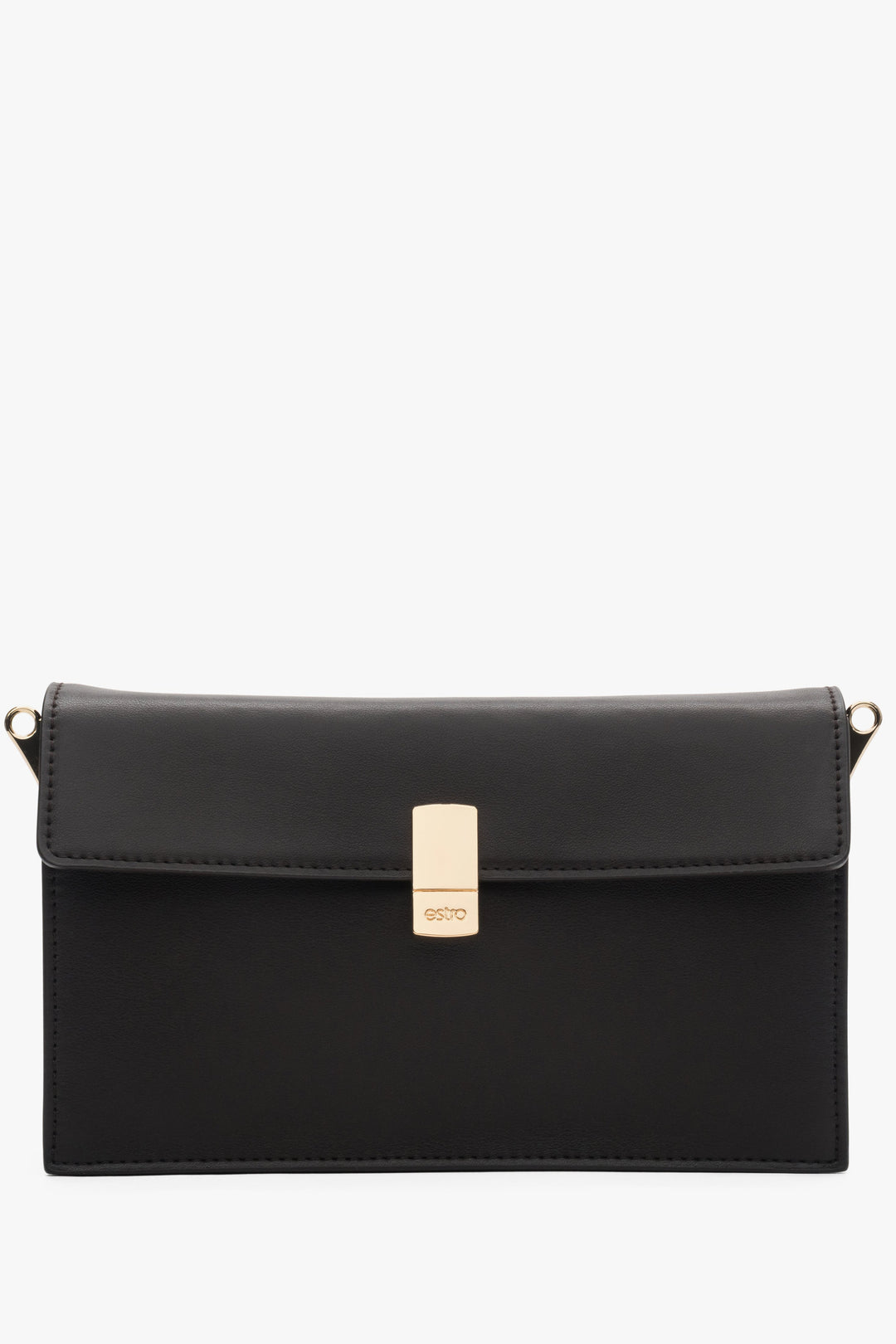 Frontalansicht der kleinen dunkelbraunen Echtledertasche mit elegantem goldenem Verschluss.