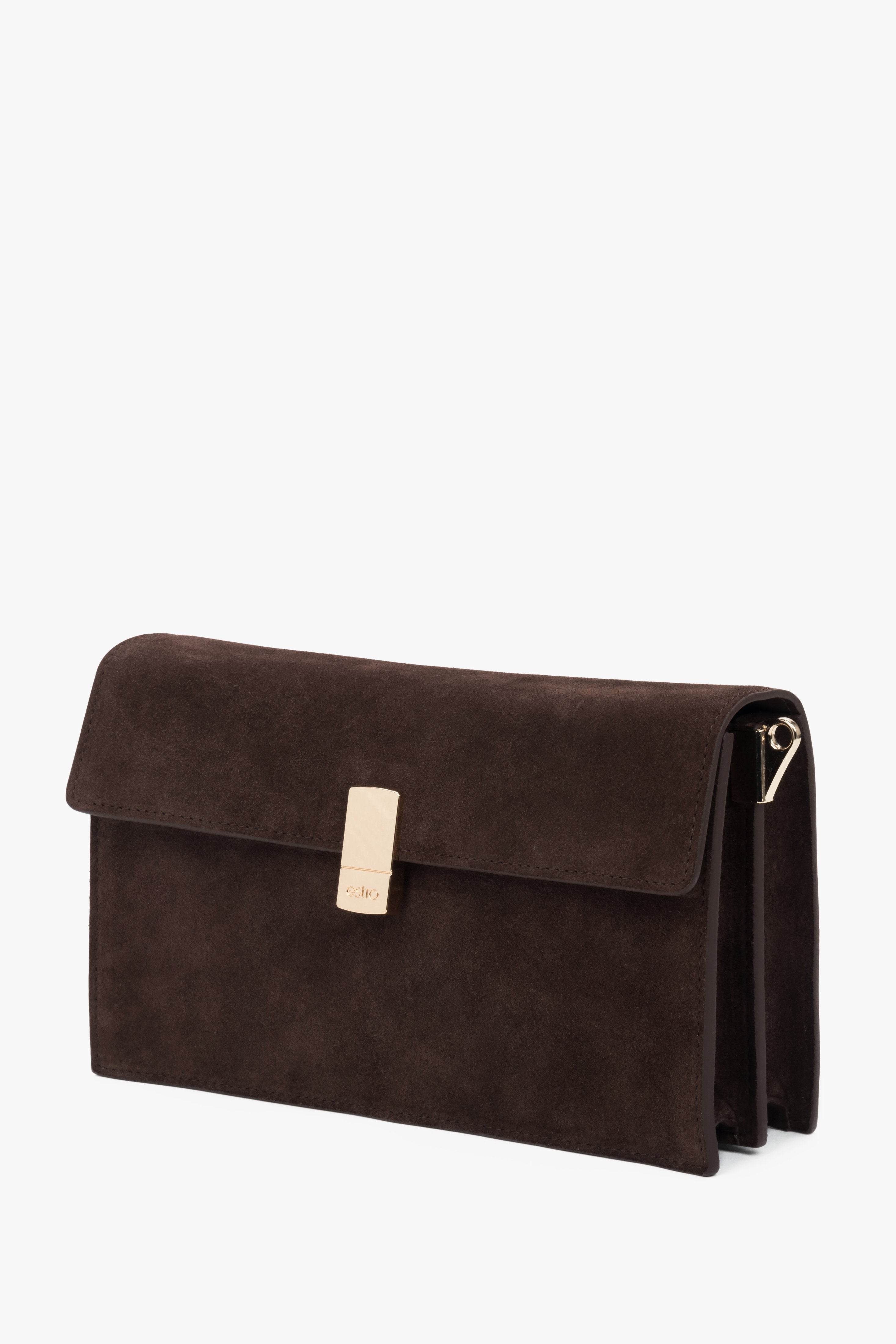 Schräge Ansicht der kompakten Damen-Tasche aus weichem, dunkelbraunem Naturvelours.