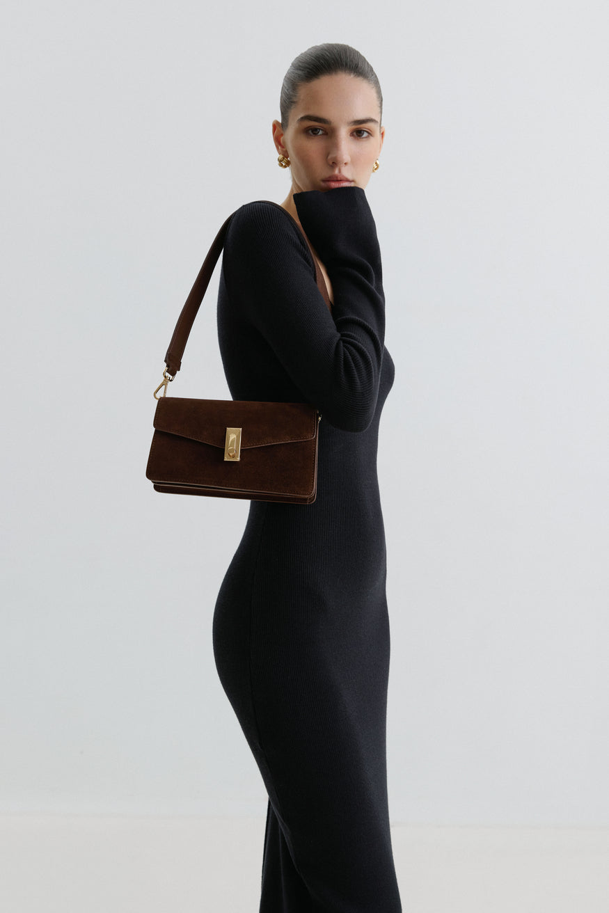Kleine dunkelbraune Velours-Umhängetasche für Damen Estro ER00116850.
