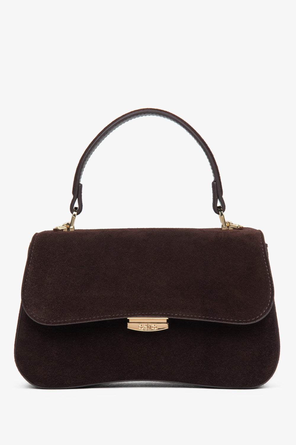Frontalansicht der kleinen dunkelbraunen Velours-Tasche von Estro mit formstabilem Handgriff und goldfarbenem Verschluss