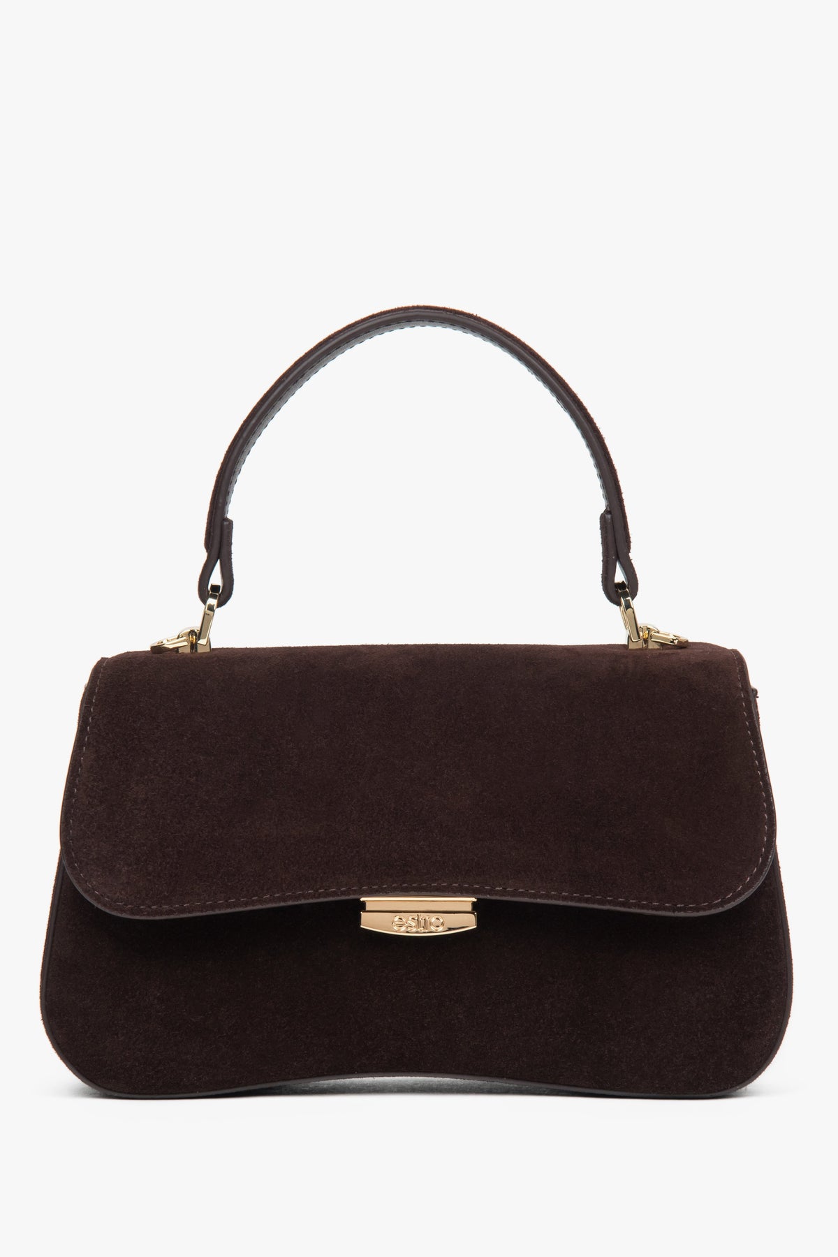 Frontalansicht der kleinen dunkelbraunen Velours-Tasche von Estro mit formstabilem Handgriff und goldfarbenem Verschluss