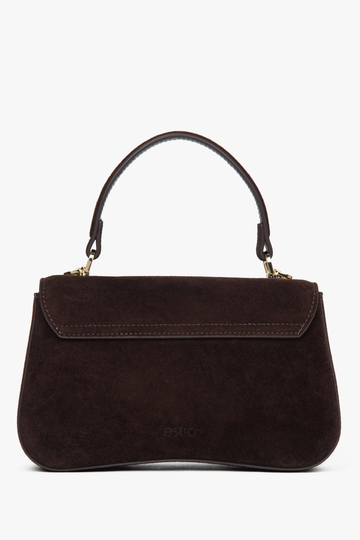 Rückansicht der geradlinigen dunkelbraunen Velours-Tasche, die die klare und elegante Silhouette betont