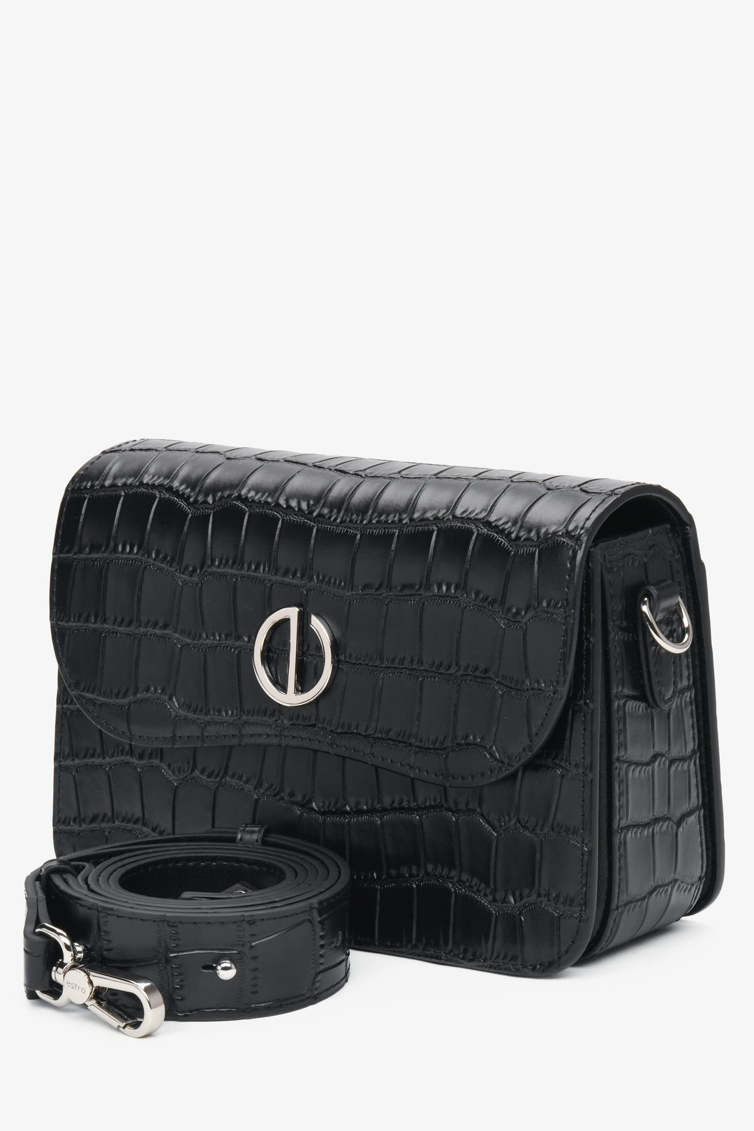 Schwarze Damen-Lederhandtasche mit Prägung.