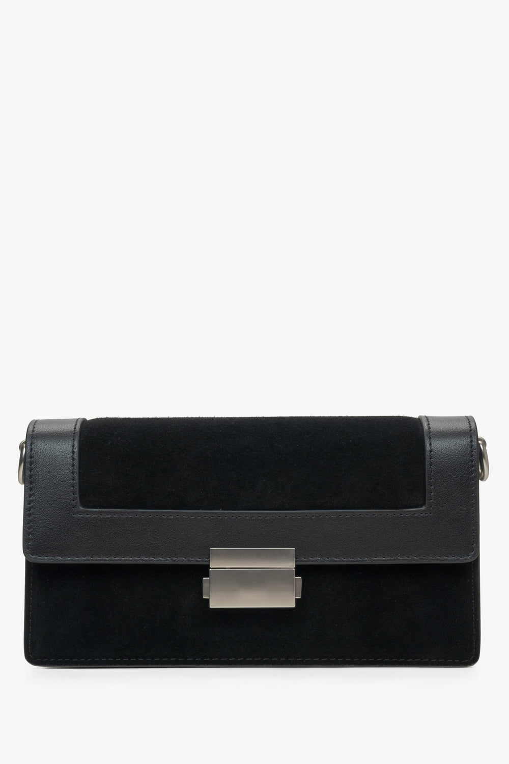 Kleine schwarze Damen-Handtasche aus einem edlen Leder-Velours-Mix mit silberfarbenen Details Estro ER00115769.