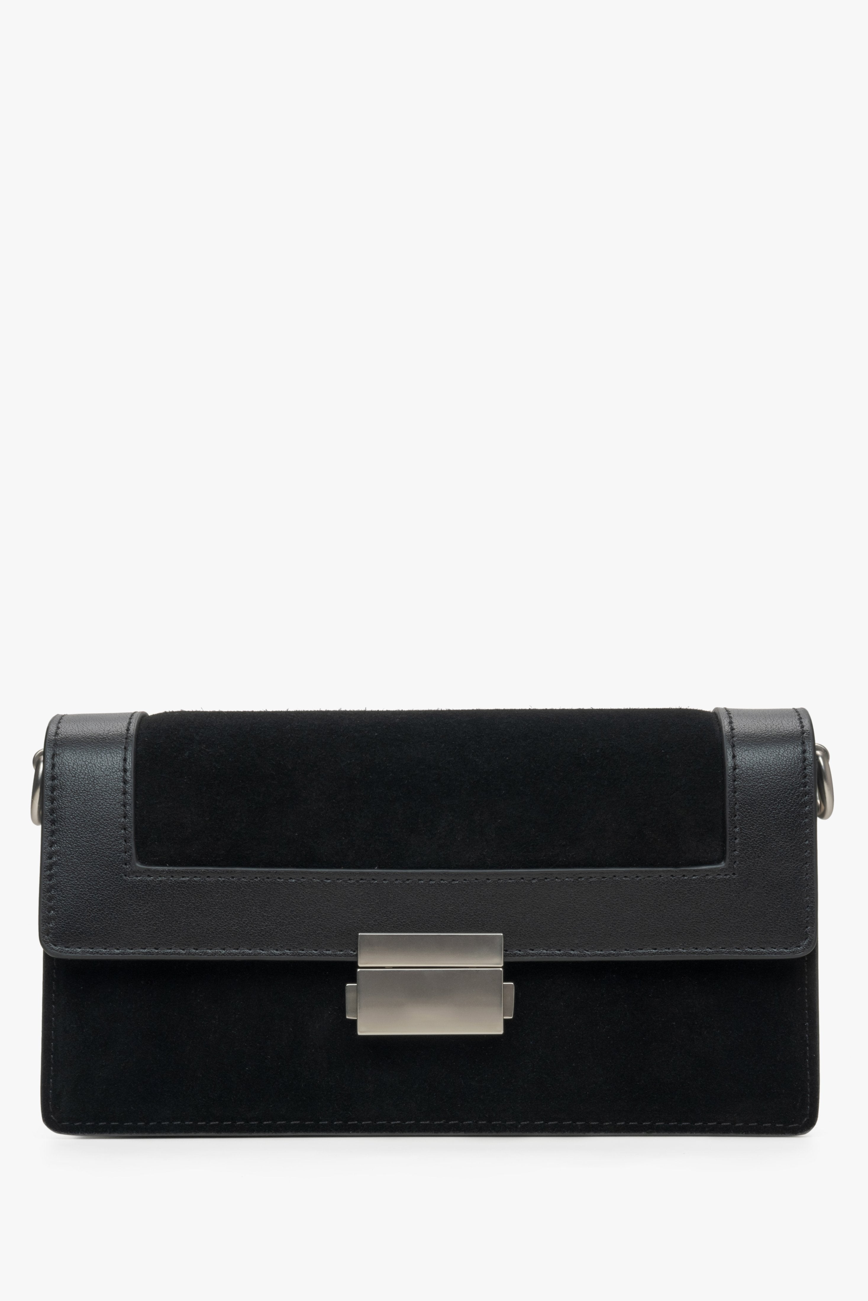 Kleine schwarze Damen-Handtasche aus einem edlen Leder-Velours-Mix mit silberfarbenen Details Estro ER00115769.