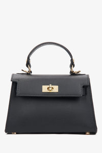 Frontale Ansicht der kleinen schwarzen Leder-Handtasche mit goldfarbenen Details