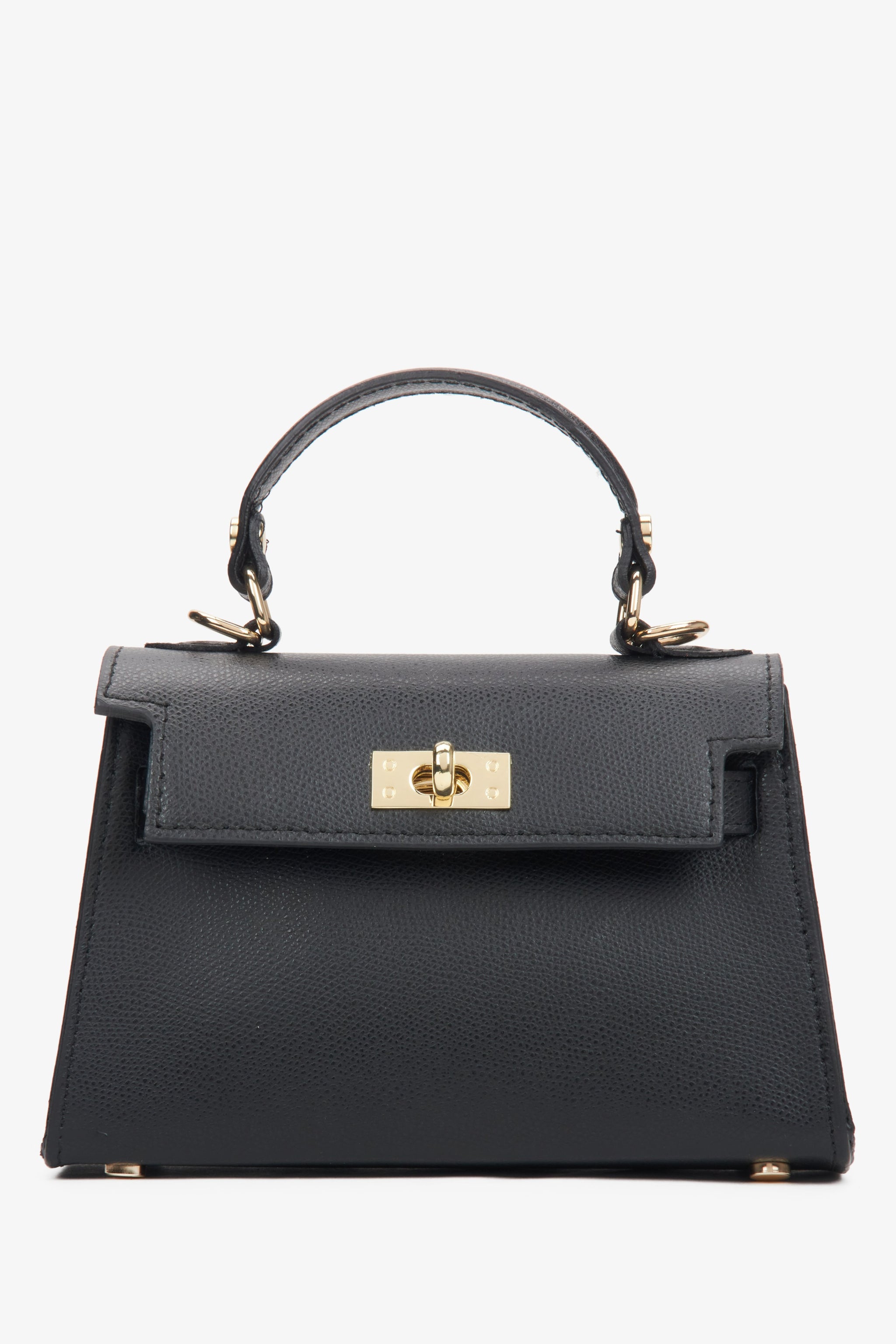 Frontale Ansicht der kleinen schwarzen Leder-Handtasche mit goldfarbenen Details