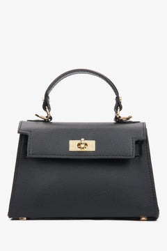 Frontale Ansicht der kleinen schwarzen Leder-Handtasche mit goldfarbenen Details