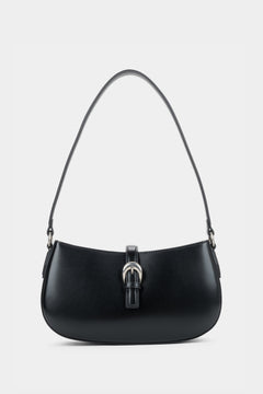 Frontalansicht der kleinen schwarzen Damen-Schultertasche aus echtem Glattleder im Baguette-Stil von Estro