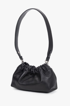 Kleine schwarze Damen-Tasche mit kurzem Riemen und gerafftem Verschluss