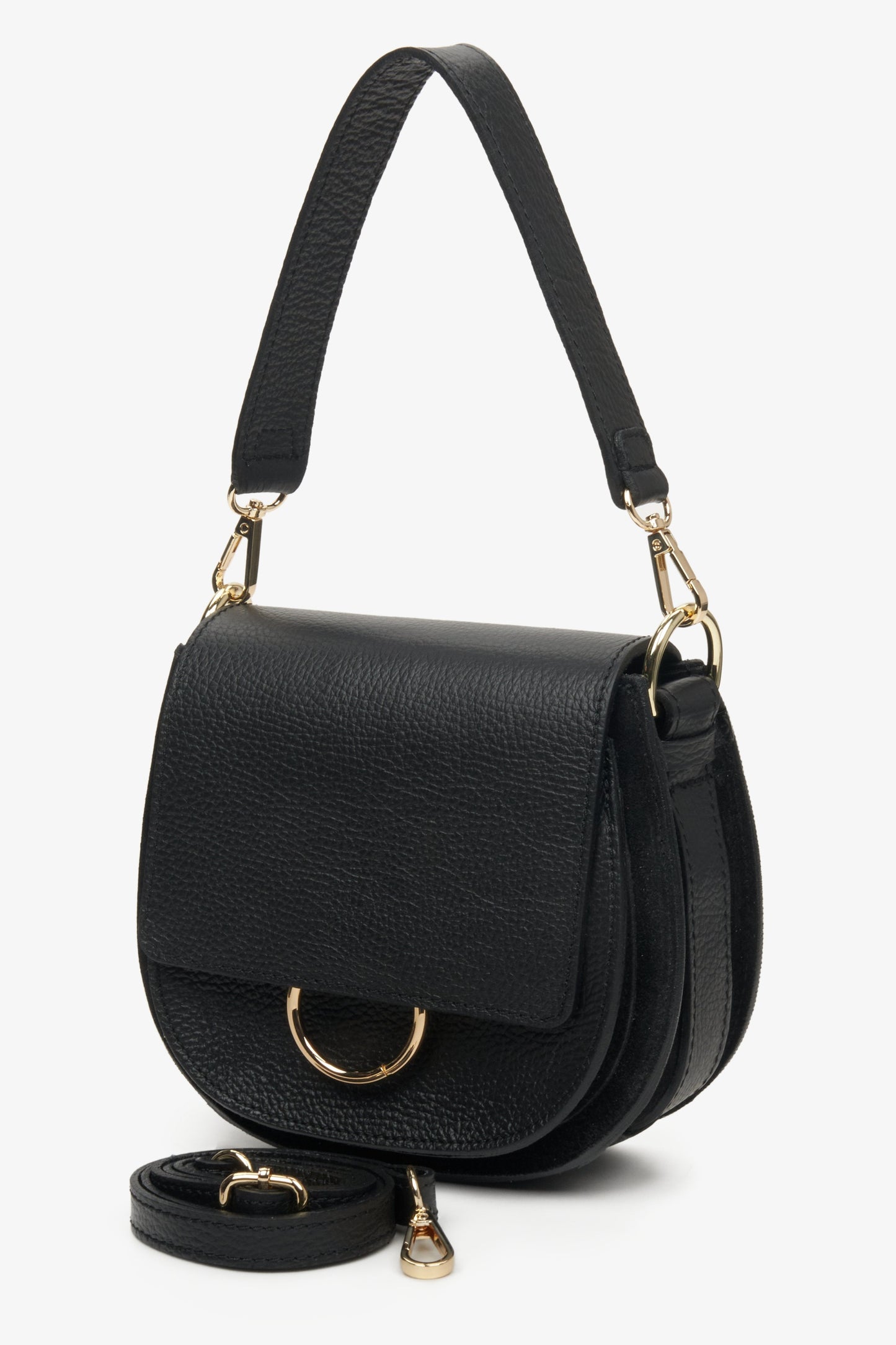 Schwarze, kleine Damen-Schultertasche aus italienischem Naturleder mit zusätzlichem Riemen.