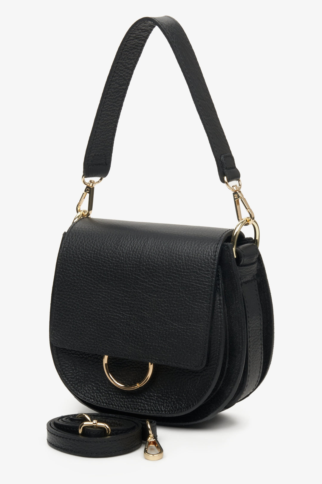 Schwarze, kleine Damen-Schultertasche aus italienischem Naturleder mit zusätzlichem Riemen.