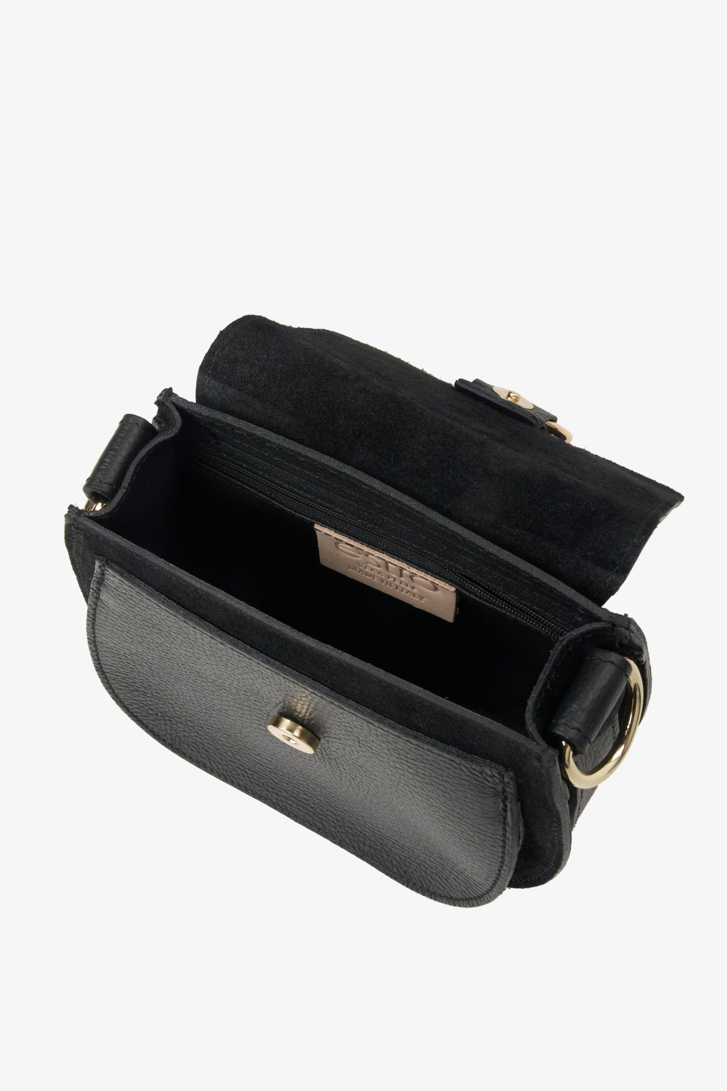 Damenhandtasche aus italienischem Naturleder in Schwarz von Estro – Nahaufnahme des Innenraums des Modells.