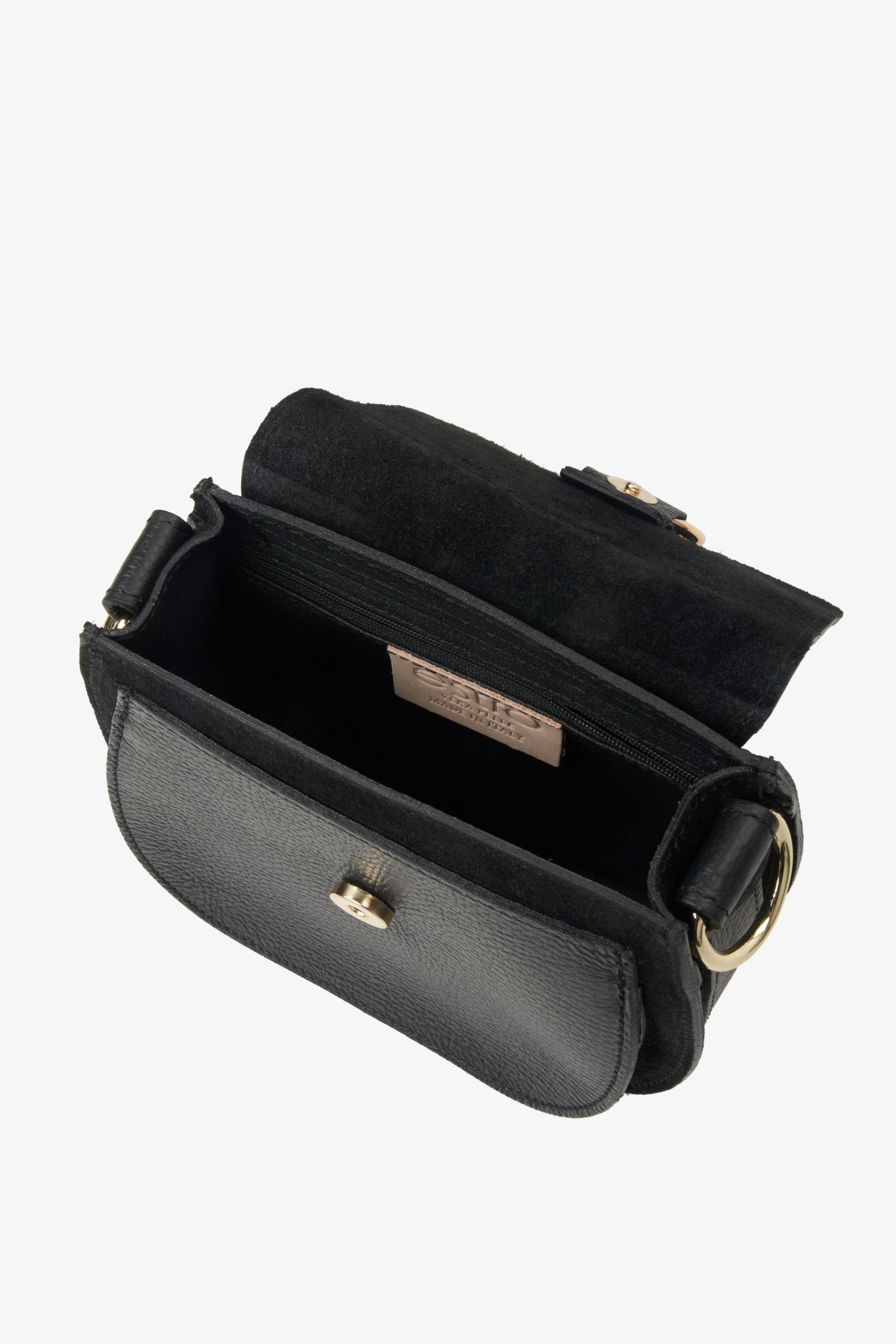 Damenhandtasche aus italienischem Naturleder in Schwarz von Estro – Nahaufnahme des Innenraums des Modells.