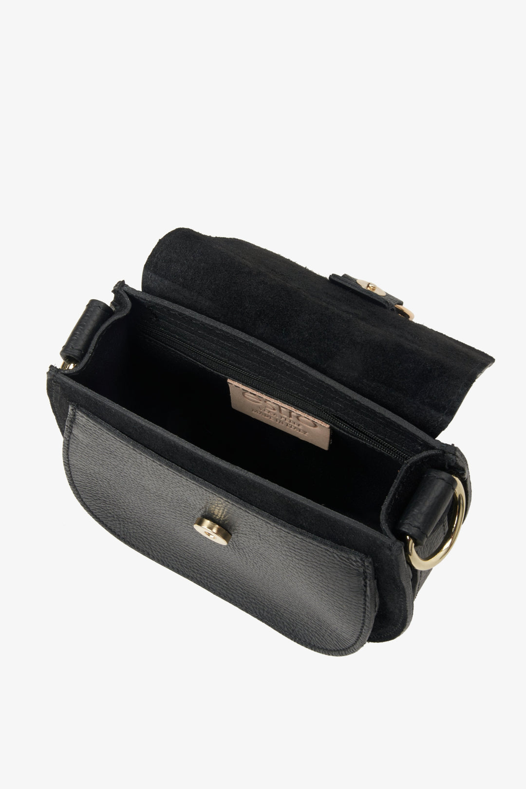 Damenhandtasche aus italienischem Naturleder in Schwarz von Estro – Nahaufnahme des Innenraums des Modells.