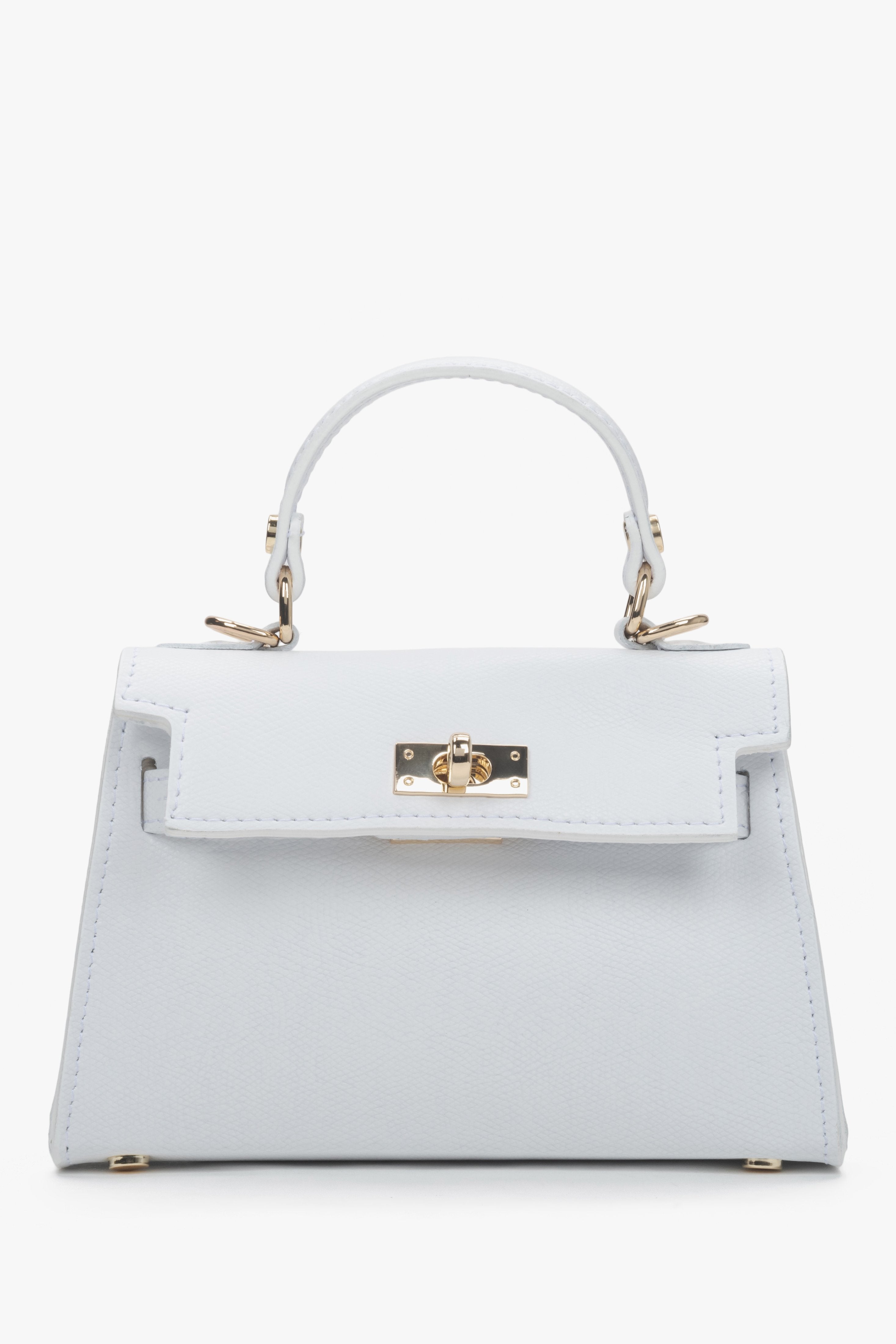 Frontale Ansicht der kleinen weißen Leder-Handtasche mit goldfarbenen Details
